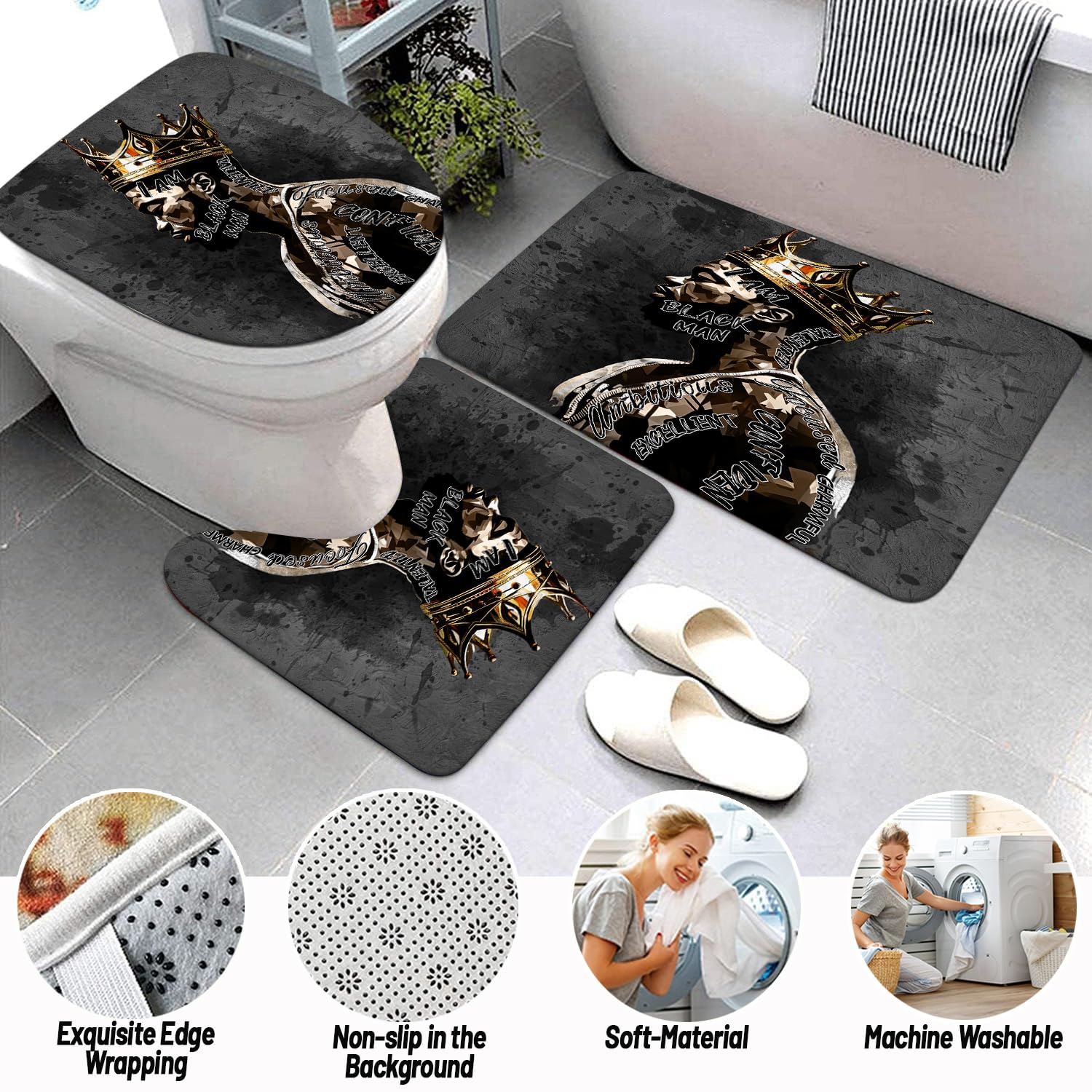 African American Shower Curtain Sets For Bathroom, Black Praying King Bathroom Sets With Waterproof Shower Curtain And Non-Slip