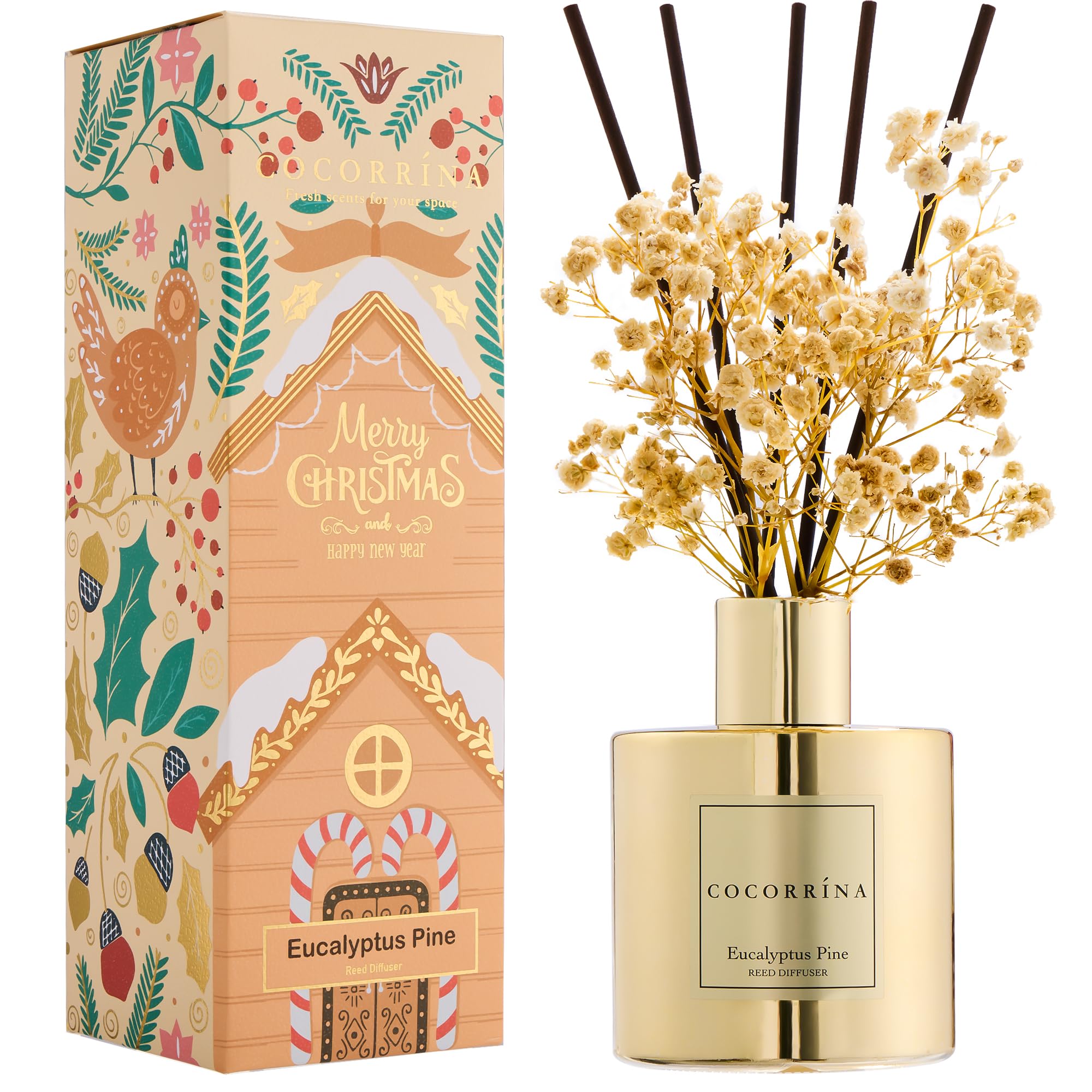 COCORR  NA Reed Diffuser - Eucalyptus Pine Diffuser with 8 Sticks Home Fragrance Christmas Reed Diffuser for Bathroom Shelf Deco