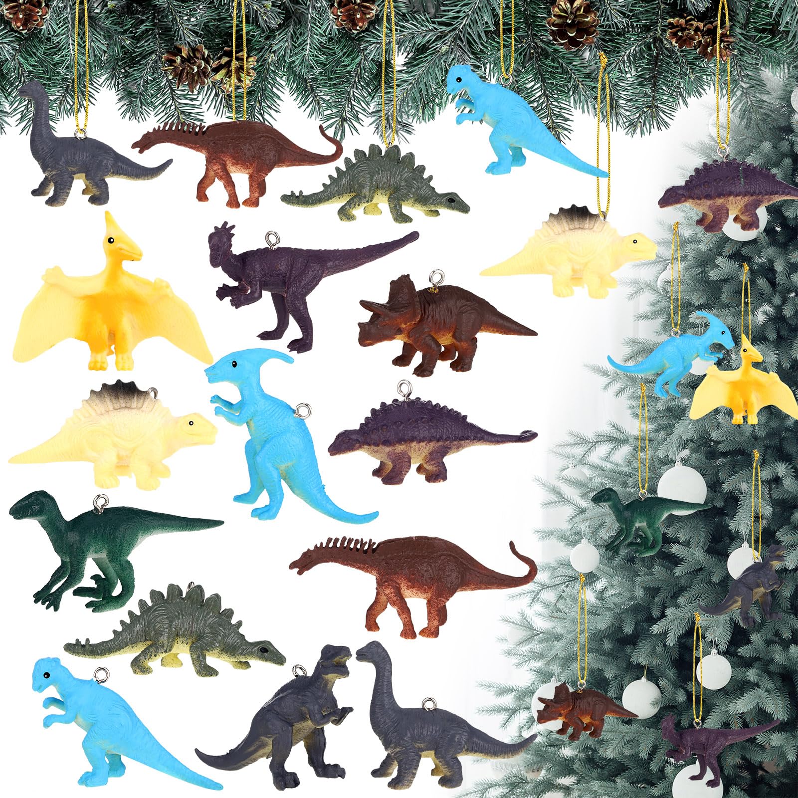 Rtteri 24 Pcs Dinosaur Christmas Tree Ornaments 3D Decorative Hanging Ornament Plastic Decorations for Christmas Tree Dinosaur T