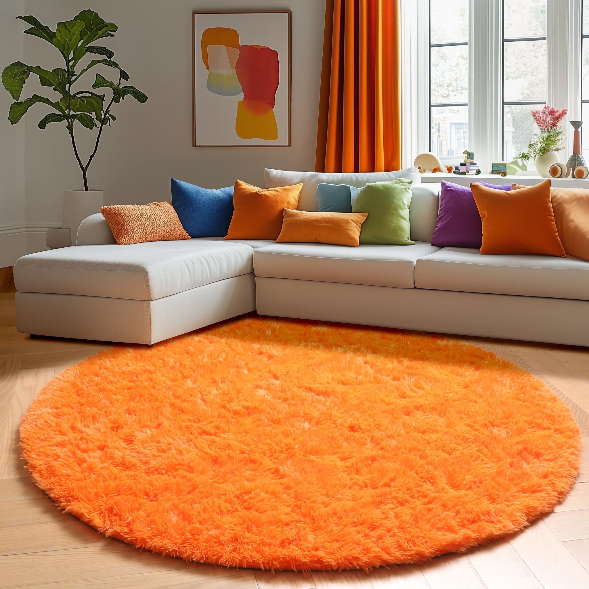 Amdrebio Orange Round Circle Rug 5Ft for Bedroom Living Room, Fluffy Fuzzy Shaggy Area Rugs for Kids Room Decor Aesthetic, Cute
