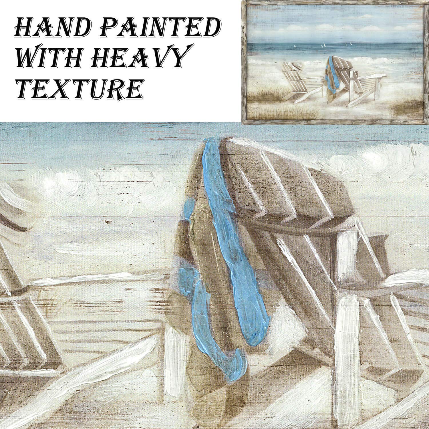 Tar Tar Studio Abstract Seascape Framed Wall Art: Beach Chair On Sand Hand Painted Painting Print For Bedroom (45'' W X 30'' H,