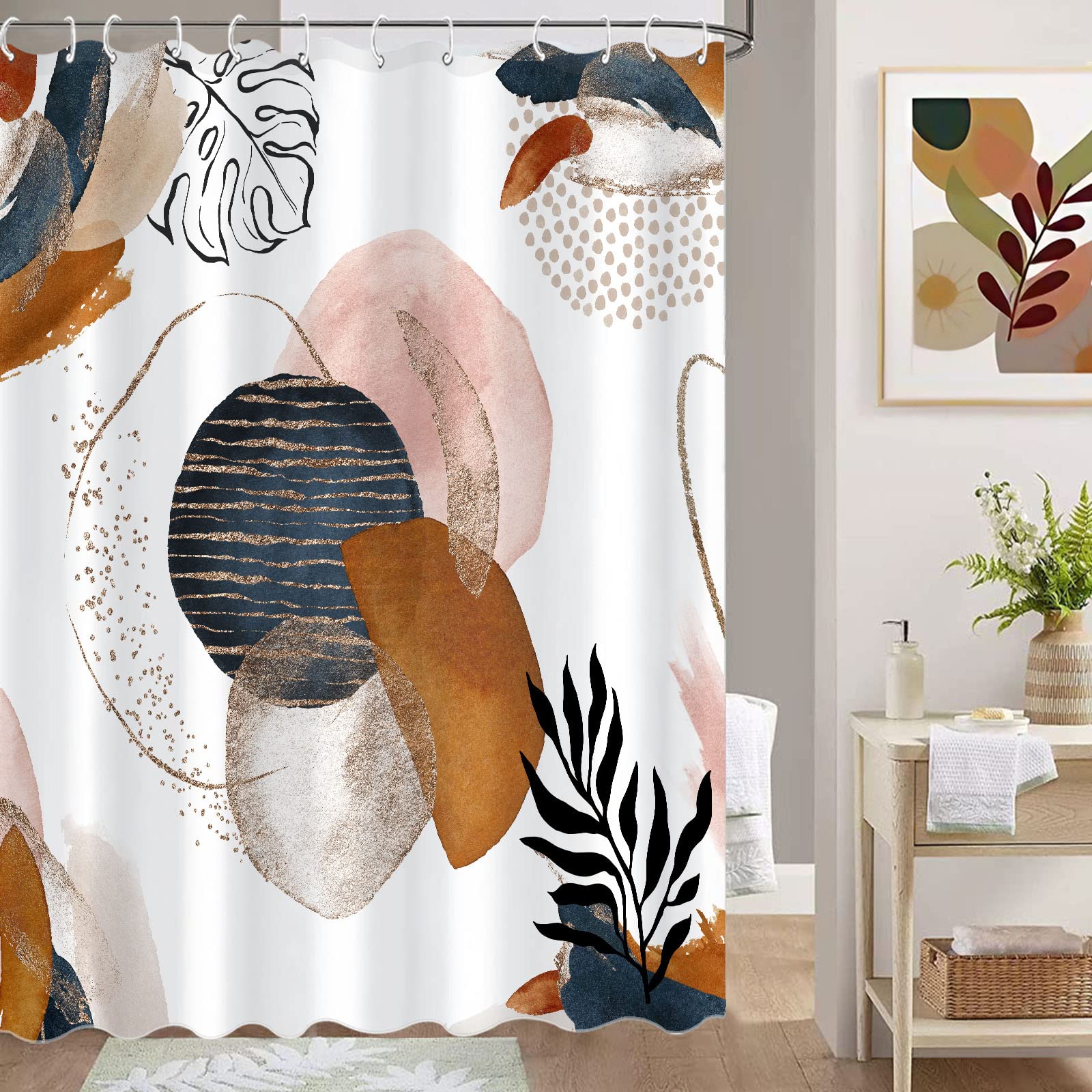 Fungarth Boho Shower Curtains For Bathroom Mid Century Navy Blue Colorful Modern Geometric Leaves Neutral Minimalist Fabric Wate