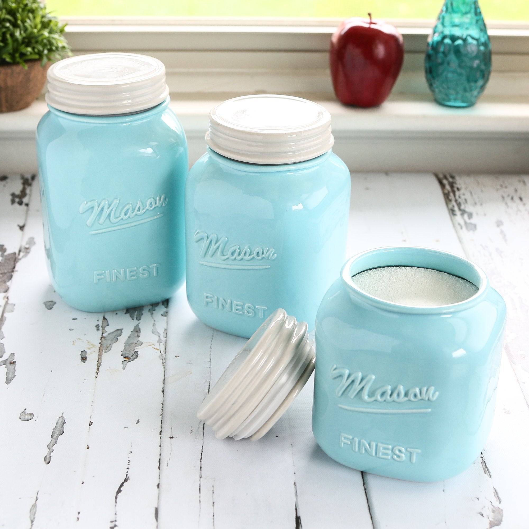 Sparrow Decor Mason Jar Kitchen Canister Set - Set Of 3 Kitchen Canisters - Large, Round Ceramic Sets For Vintage, Rustic, Or Fa
