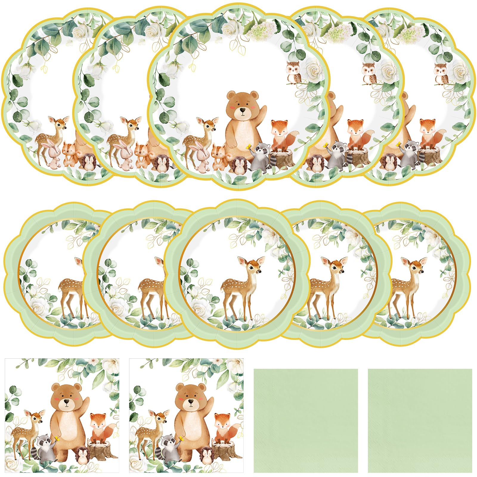Funnymoom 200 Pcs Woodland Baby Shower Party Supplies Kit Safari Animals Disposable Paper Dinner Dessert Plates Napkins for Birt