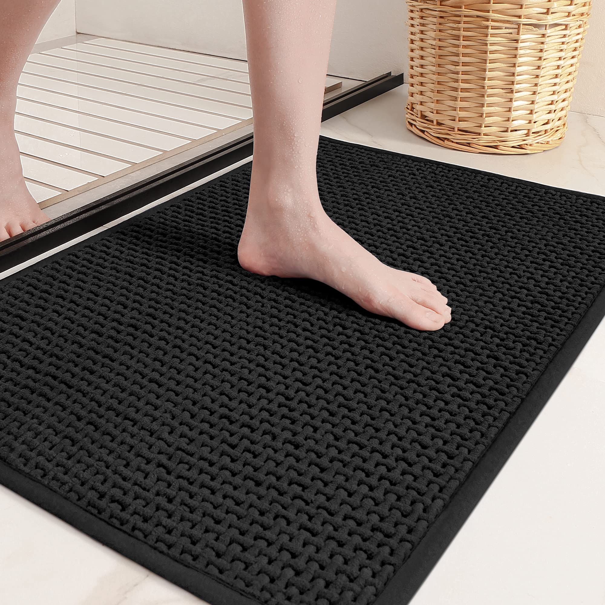 Upgraded Chenille Bathroom Rugs - Adorn Your Bathroom With Color G Black Bath Mat - Absorbent, Non Slip, Soft, Machine Washable,