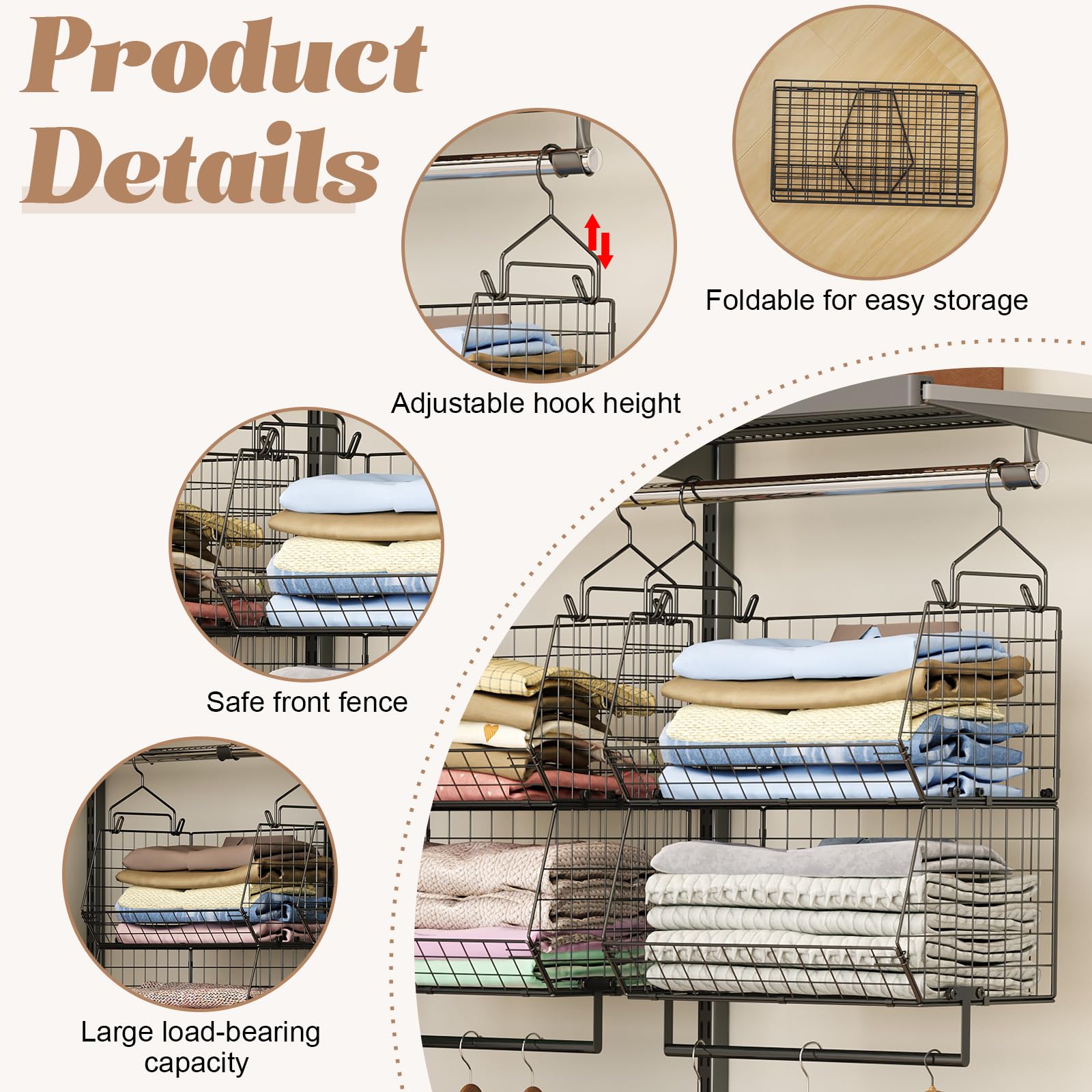Yociyoga 2 Tier Closet Hanging Organizer With Rod, Foldable Hanging Closet Organizer, Hanging Closet Shelves With 4 Hooks,Wire H