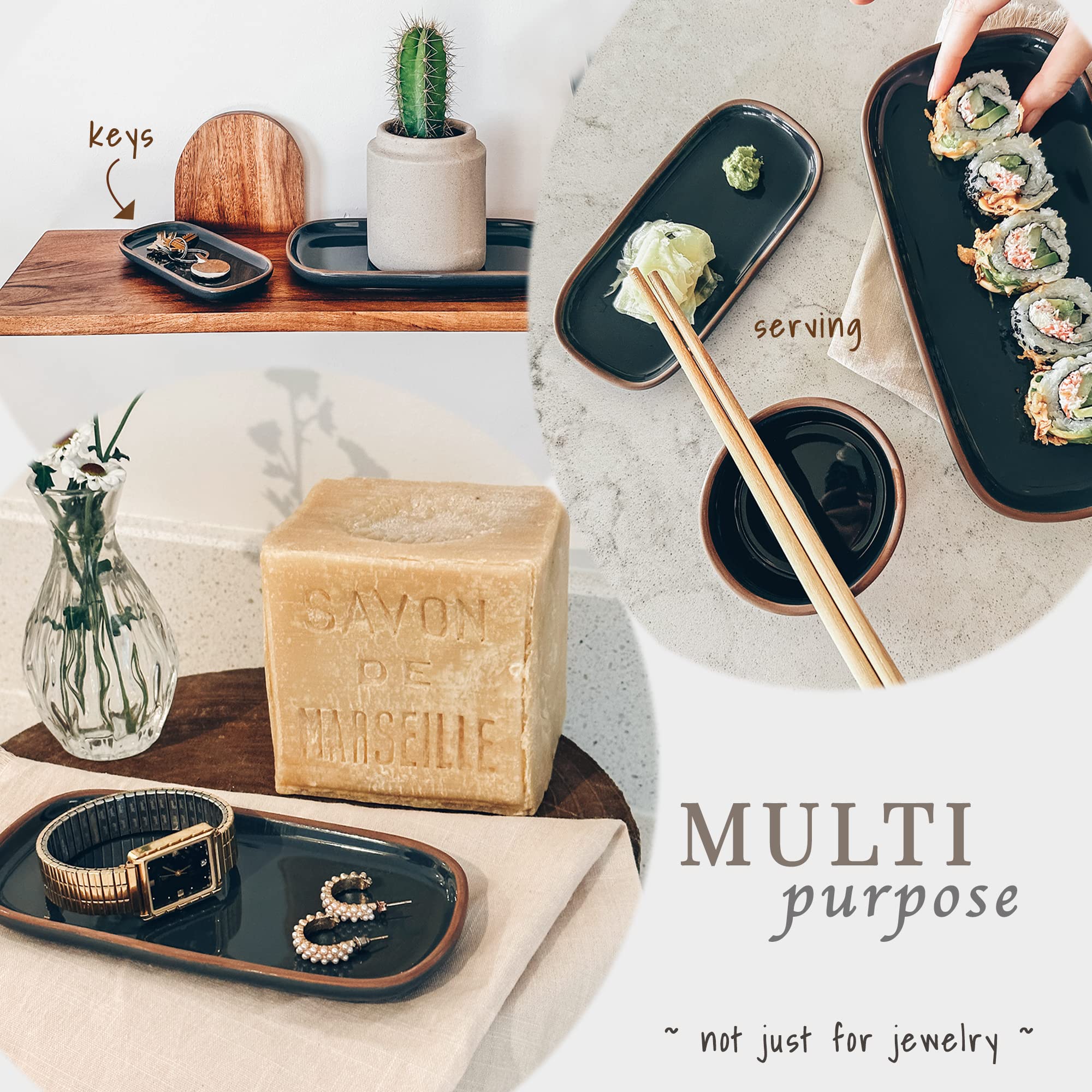 Mora Ceramic Decorative Tray - Rectangle 6.4In Dish For Jewelry, Perfume, Makeup, Accessories, Candle, In The Bathroom Vanity, B