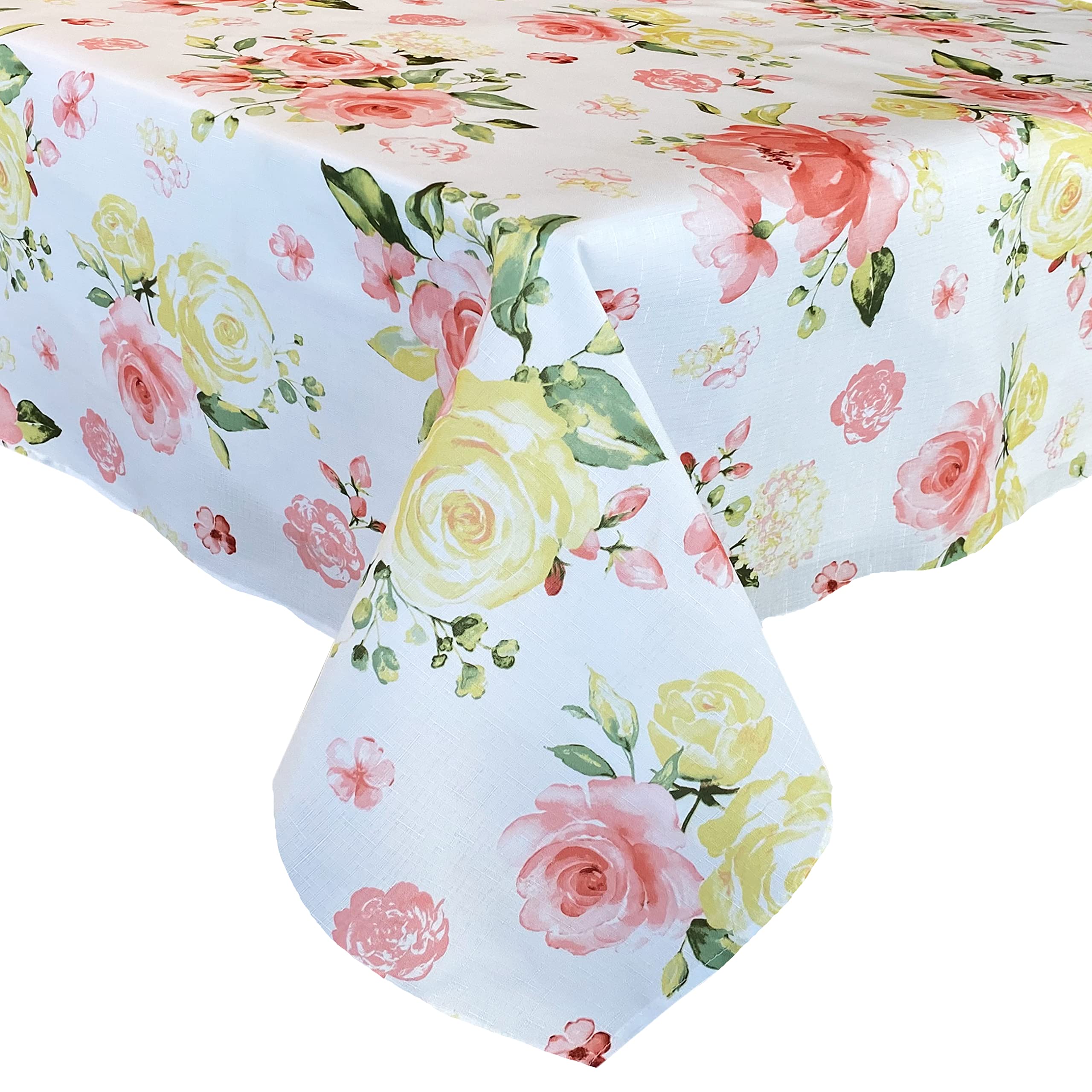 Newbridge Easter Marie Yellow And Pink Rose Petal Floral Square 52 X 52 Inch Fabric Tablecloth, Stain And Wrinkle Resistant Tabl
