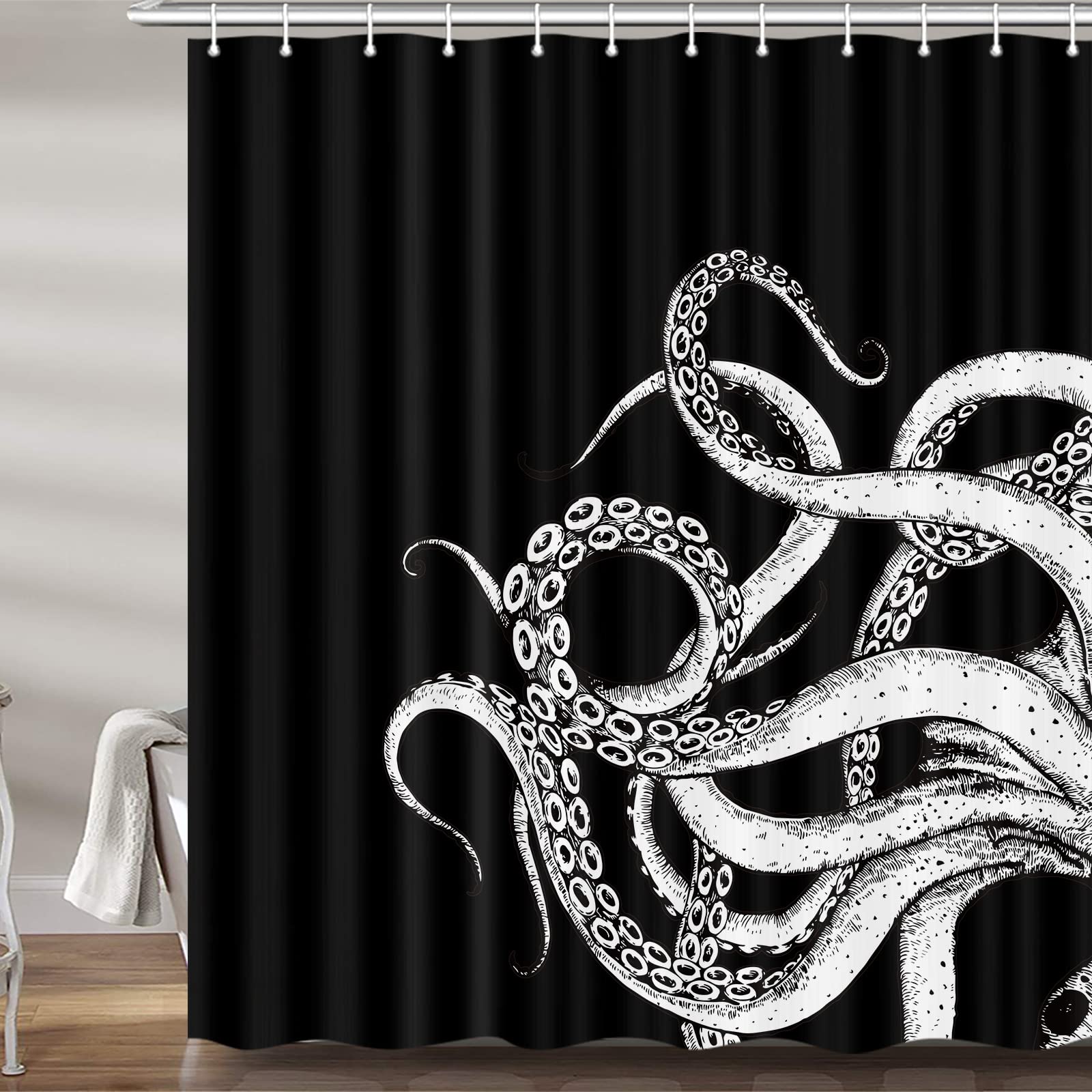Octopus Decor Shower Curtain For Bathroom, Funny Black And White Sea Monster Kraken Animal Goth Fabric Shower Curtains Set, Uniq