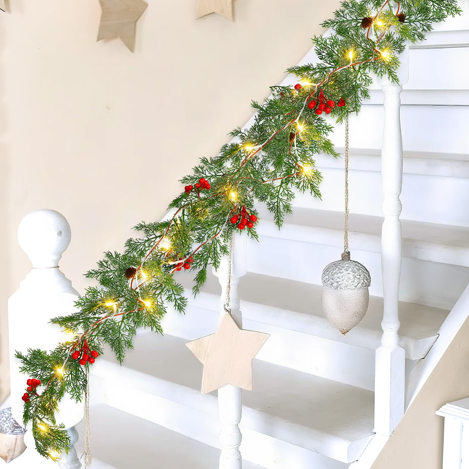 Spiareal 1 Pcs 9 ft Christmas Garland with Light Christmas Lighted Pine Garland Prelit Battery Operated Cedar Pine Cone Red Berr