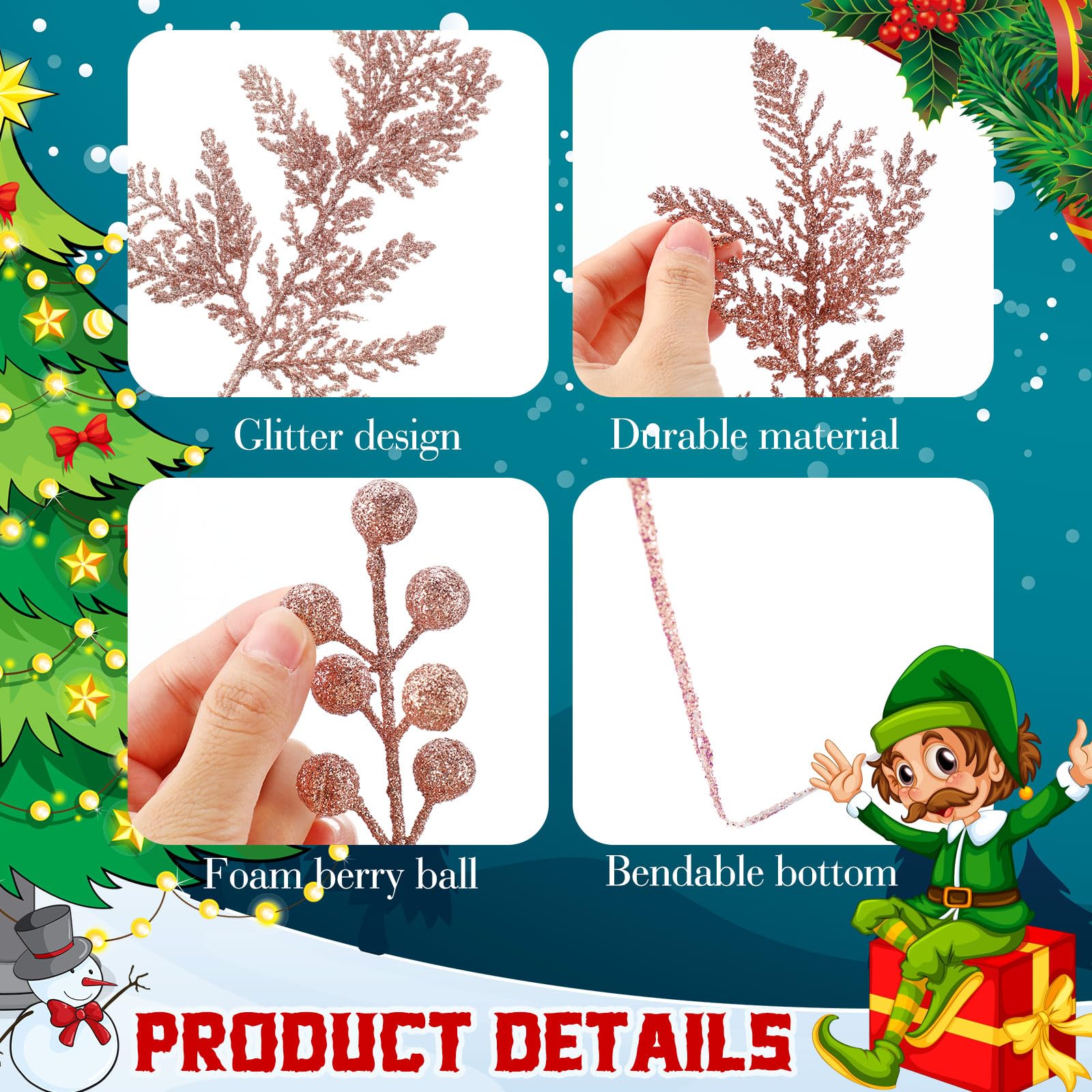 Moucuny 40 Pcs Christmas Glitter Artificial Picks Set Christmas Leaf Sprays Cedar Picks Glitter Berries Stems Tropical Leaf Pine