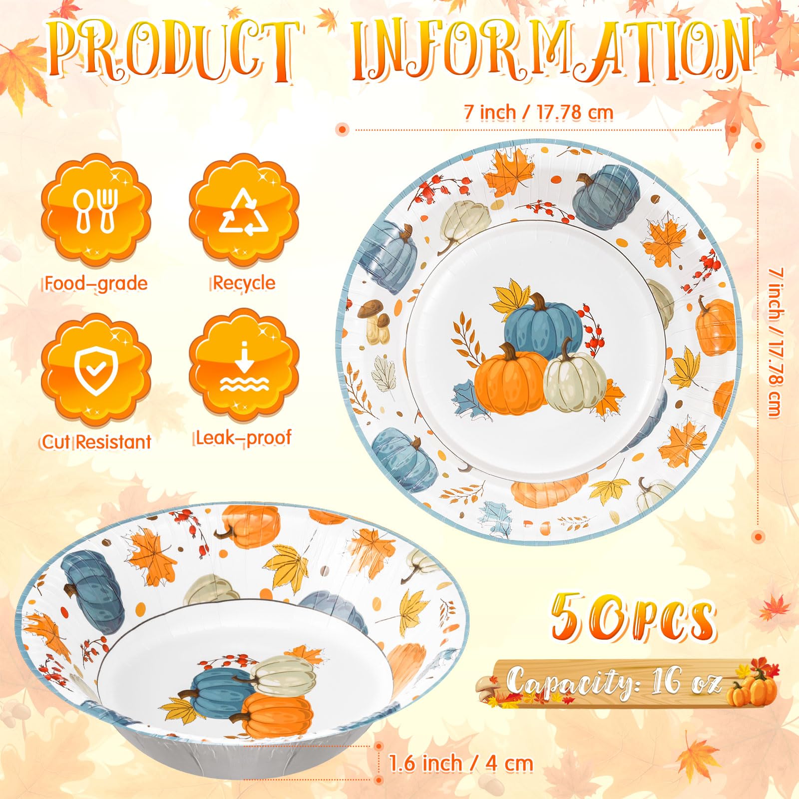 Sliner 50 Pcs 16 oz Thanksgiving Paper Bowl Pumpkin Autumn Maple Leaves Disposable Fall Thanksgiving Soup Bowl for Holiday Party