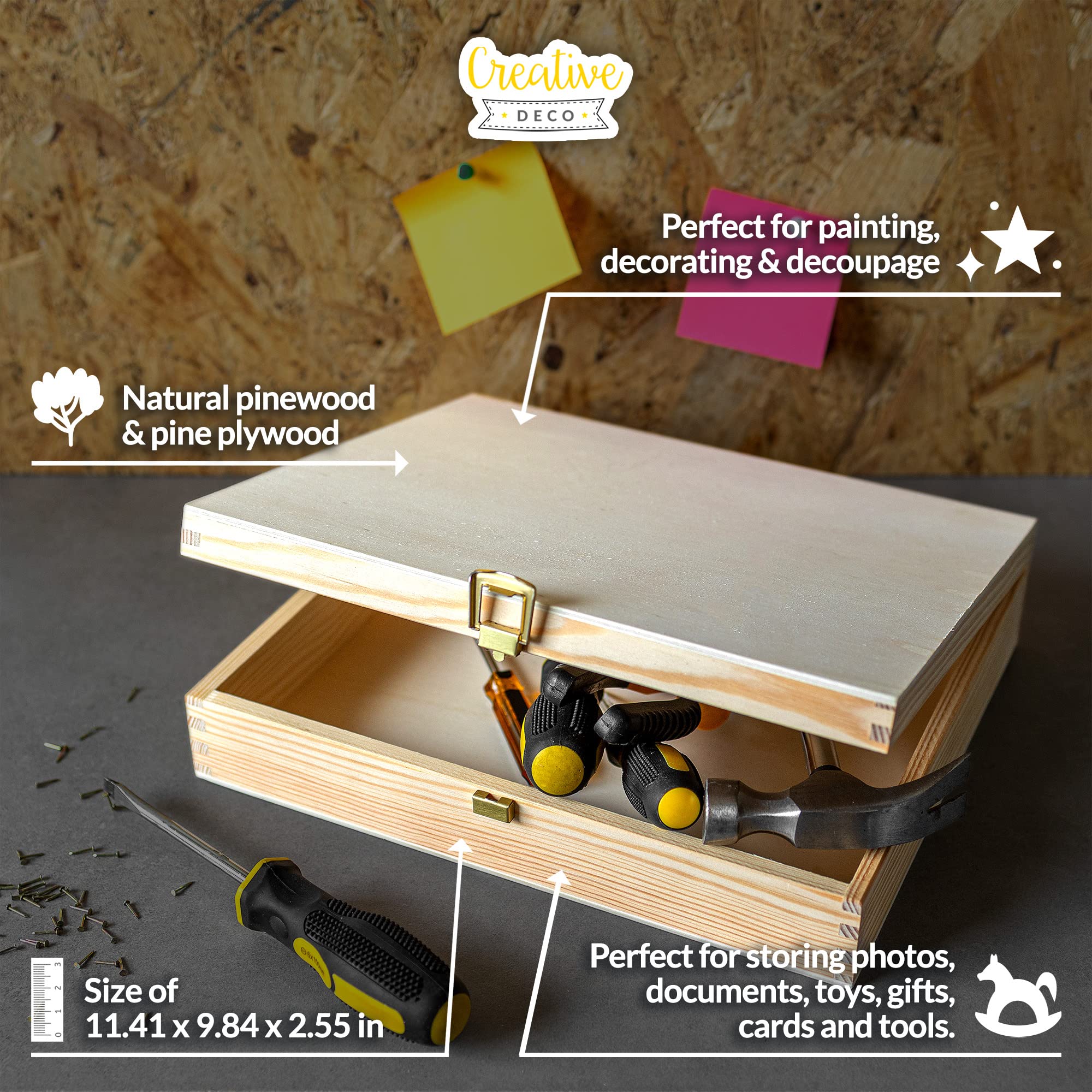 Creative Deco Wooden Storage Box Unpainted Plain | 11.41 X 9.84 X 2.55 In | Golden Latch & Lid | Perfect For Storing Valuables &