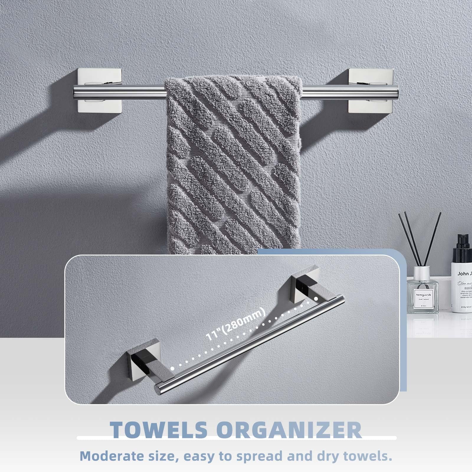 Hand Towel Bar 14'', Suyar Sus304 Stainless Steel Shower Towel Holder, Bathroom Kitchen Closet Cabinet Washcloth Rack Wall Mount