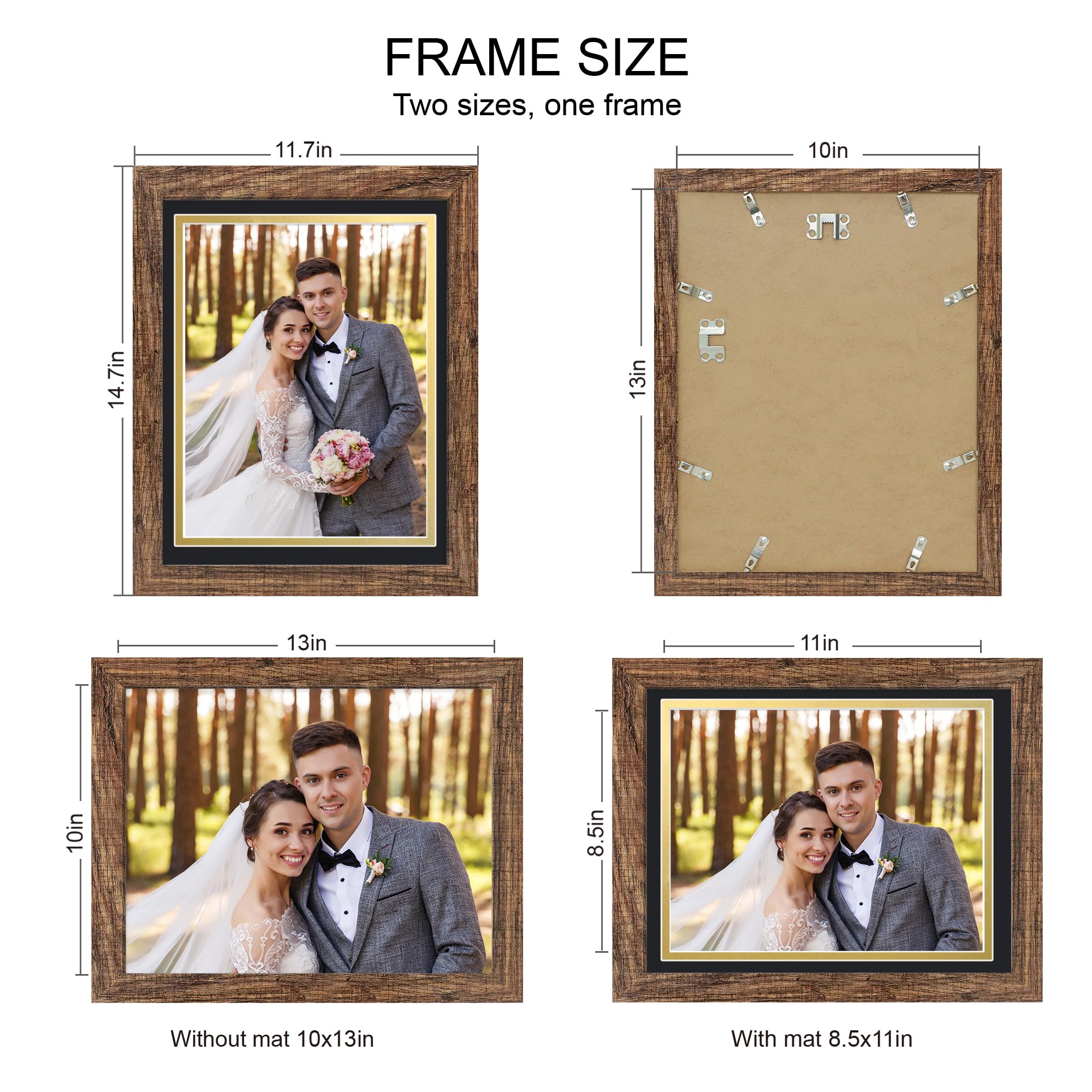 Hongkee 10x13 Picture Frame Set of 4, Made of Real Glass and Rustic Brown Frame, 10 by 13 Photo for Wall or Tabletop - Display P