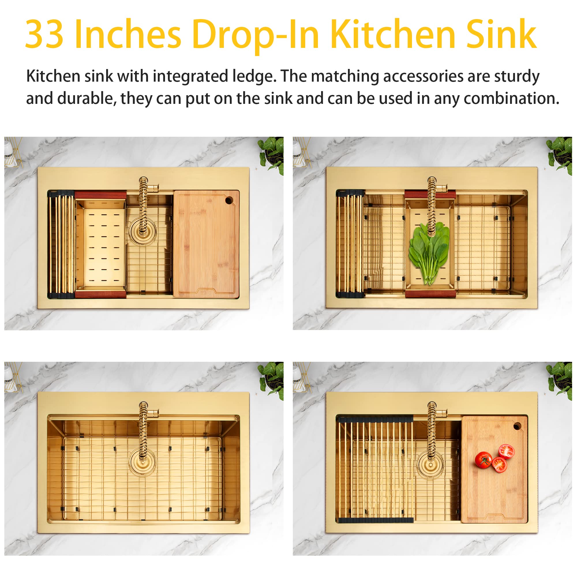 Lqs Kitchen Sinks, Drop In Kitchen Sink, 33    X 22    Workstation Kitchen Sink, Stainless Steel Kitchen Sink, Gold Kitchen Sink