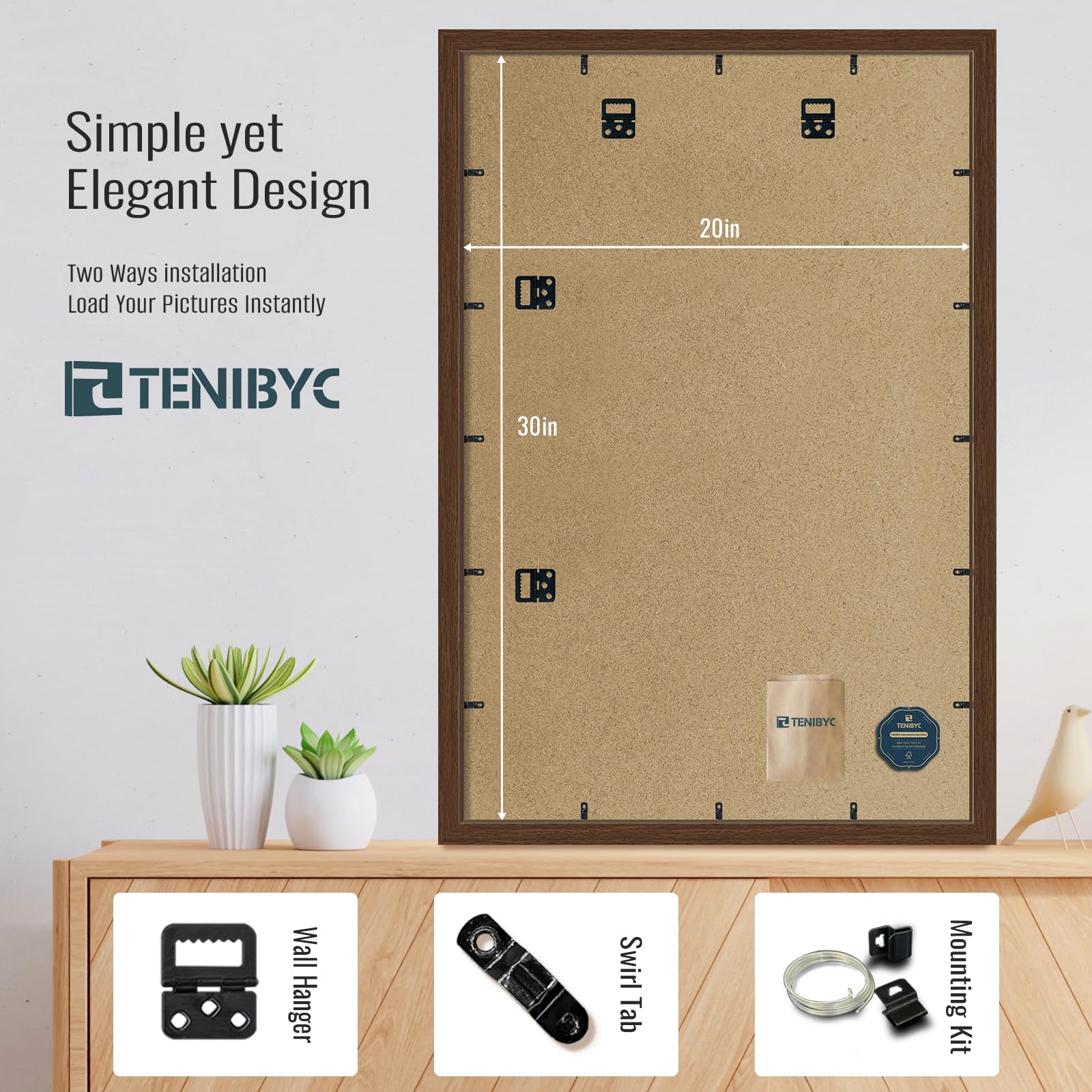 TENIBYC 20 x 30 Poster Frame -Set of 4, Brown Wood Picture Frame, Dissplay Photos, Posters and Puzzles, Horizontal or Vertical W