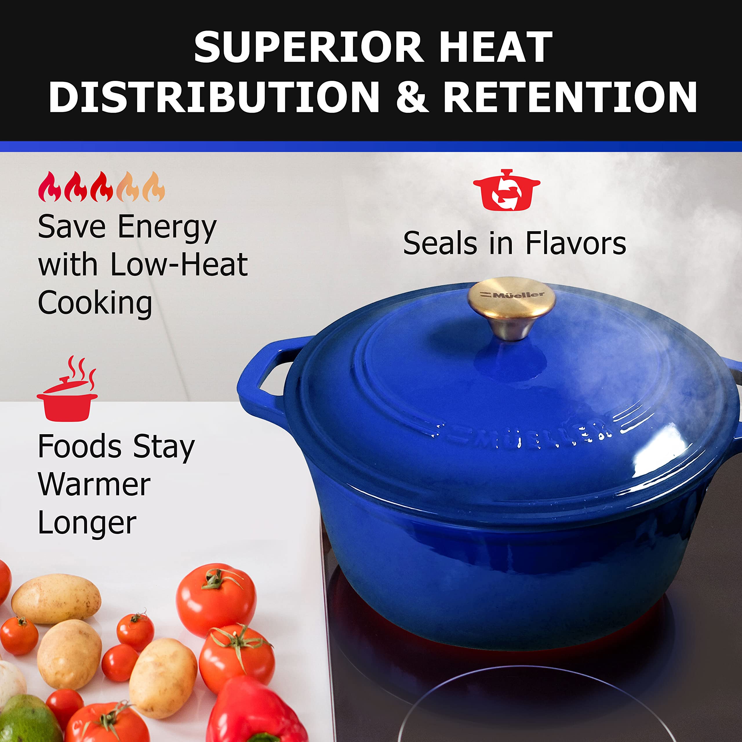 Mueller 6Qt Enameled Cast Iron Dutch Oven, Heavy-Duty Casserole And Braiser Pan With Lid And Knob, Safe For All Cooktops - Blue