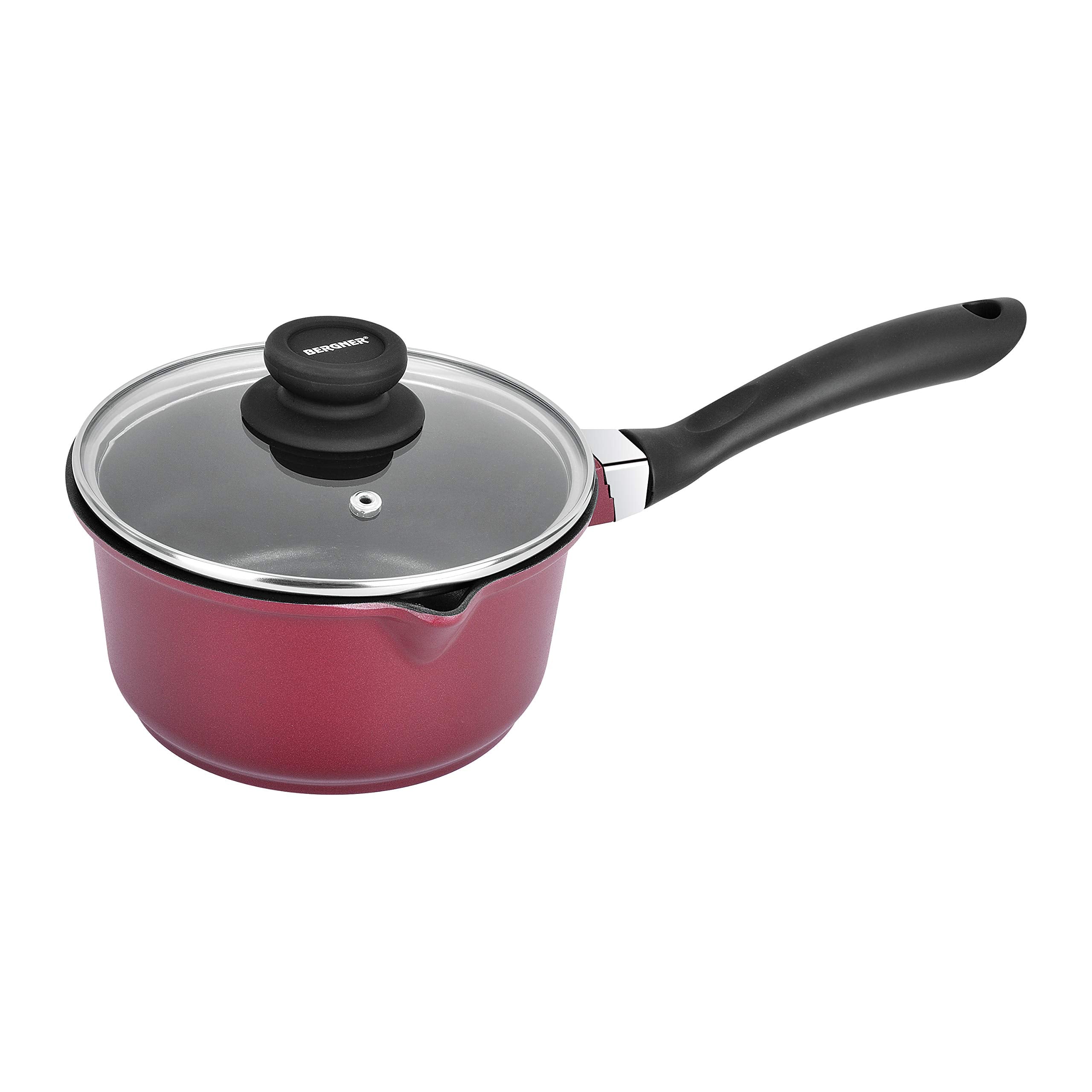 Bergner Scarlett Cast Aluminium NonStick Saucepan With Glass Lid, 16 Cm, 1.35 Litres, Induction Base, Maroon