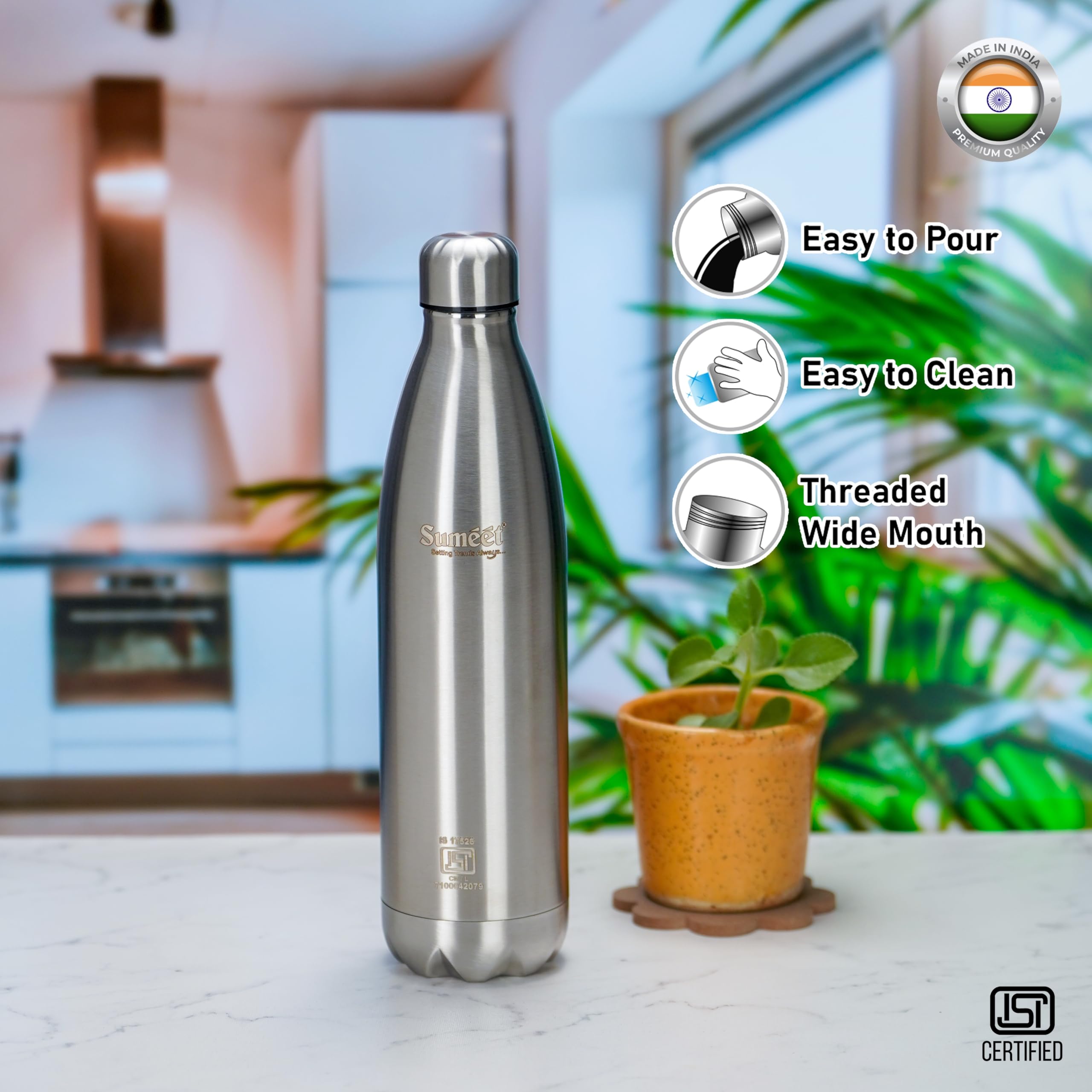 Sumeet Stainless Steel Double Walled Vacuum Flask/Water Bottle, 24 Hours Hot And Cold, 1000 Ml, Silver