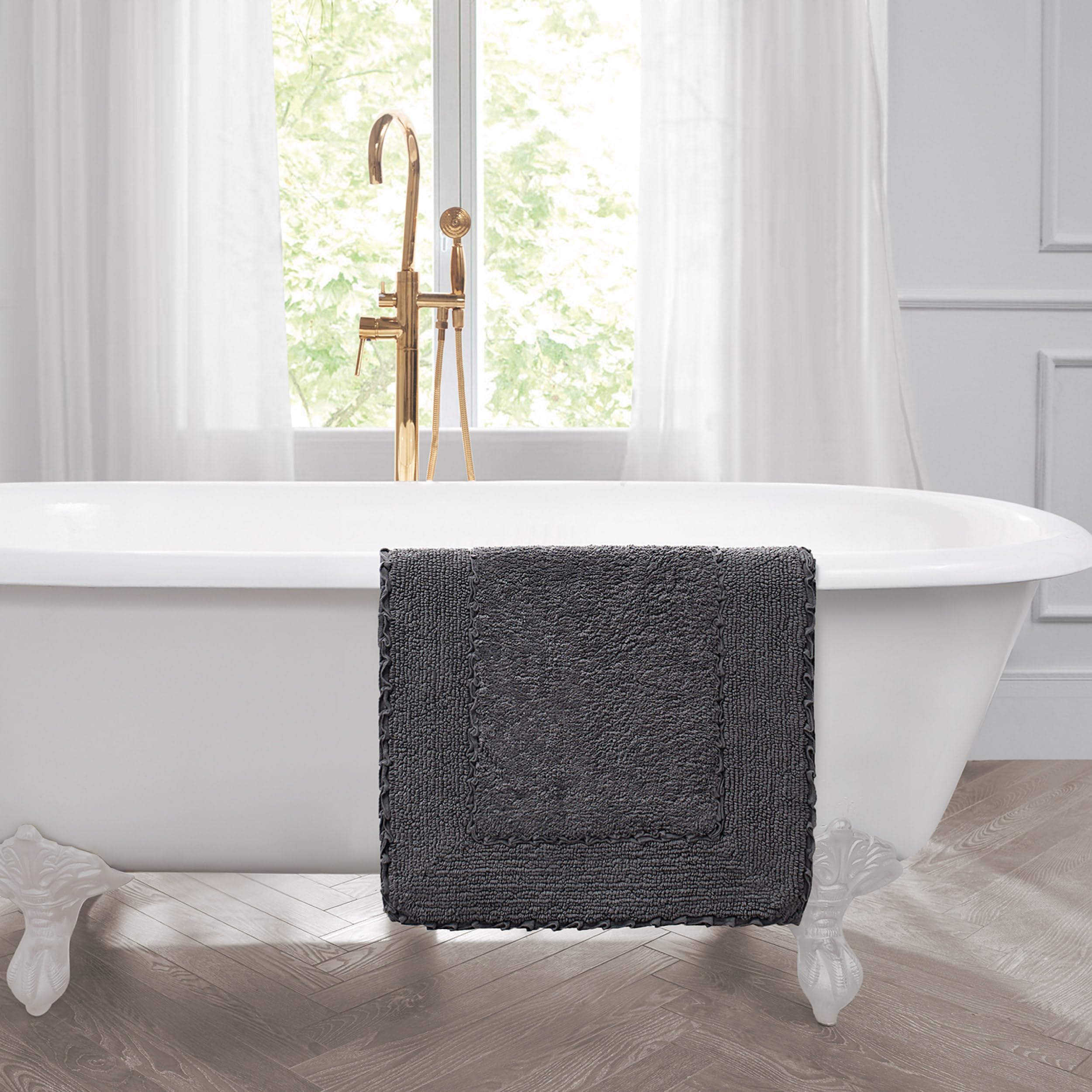 Laura Ashley Ruffle Cotton 20'' X 34'' Bath Rug, Dark Gray