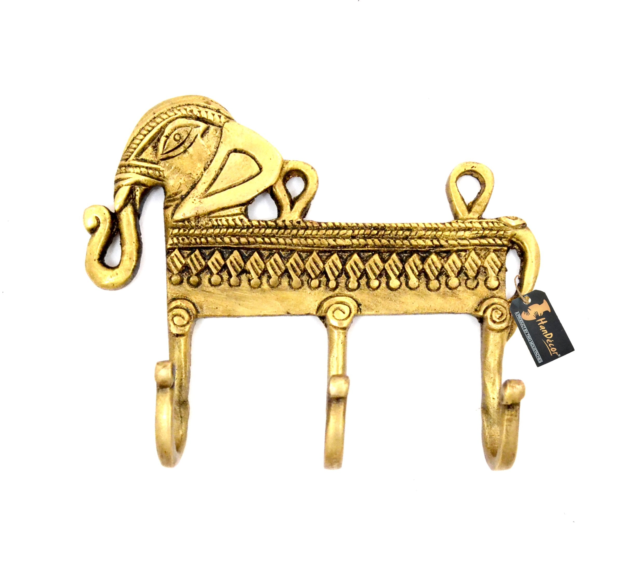 Two Moustaches Brass Ethnic Elephant Design Key Holder (Antique Yellow)