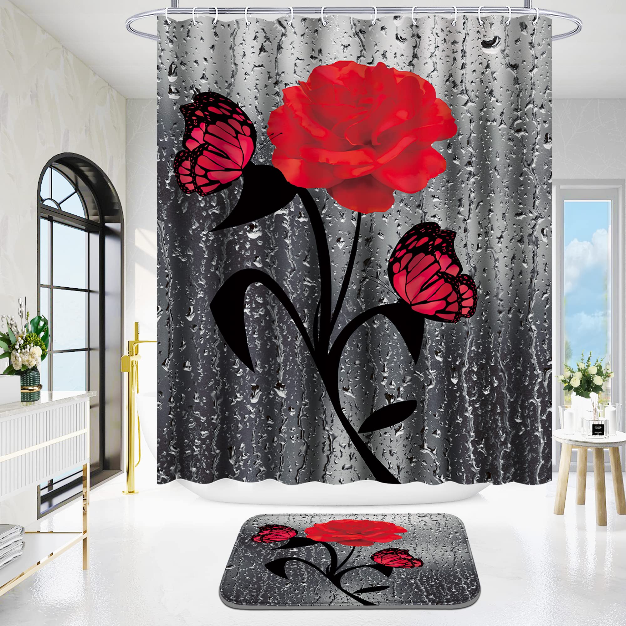 Poedist 4 Pcs Bathroom Shower Curtain Set,Red Rose Shower Curtain Valentine'S Day Shower Curtain Sets With Rugs(Bath Mat,U Shape