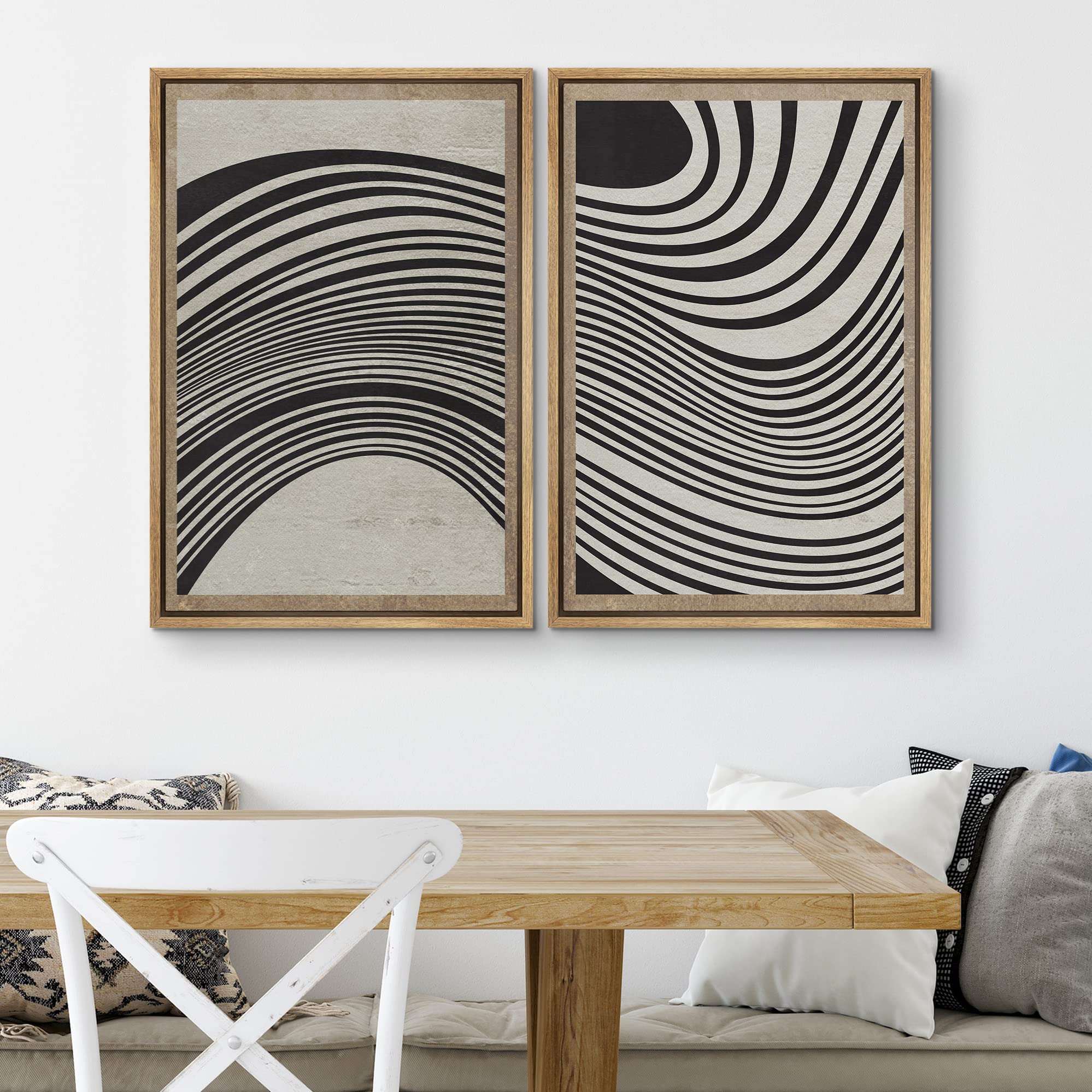 SIGNWIN Framed Canvas Print Wall Art Set Mid-Century Spiral Wave Collage Abstract Shapes Cozy Neutral Minimal Decorative Nordic Zen Bohemian for Living Room  Bedroom  Office - 16''x24''x2 Natural