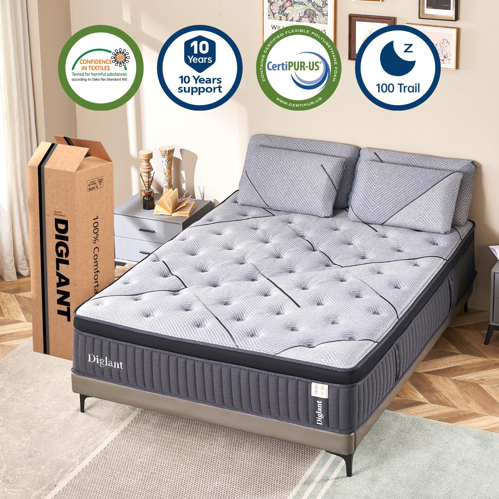 Diglant King Mattress, 14Inch Gel Memory Foam & 7-Zone Pocket Spring King Size Mattress, Medium Plush Hybrid Mattress In Box For