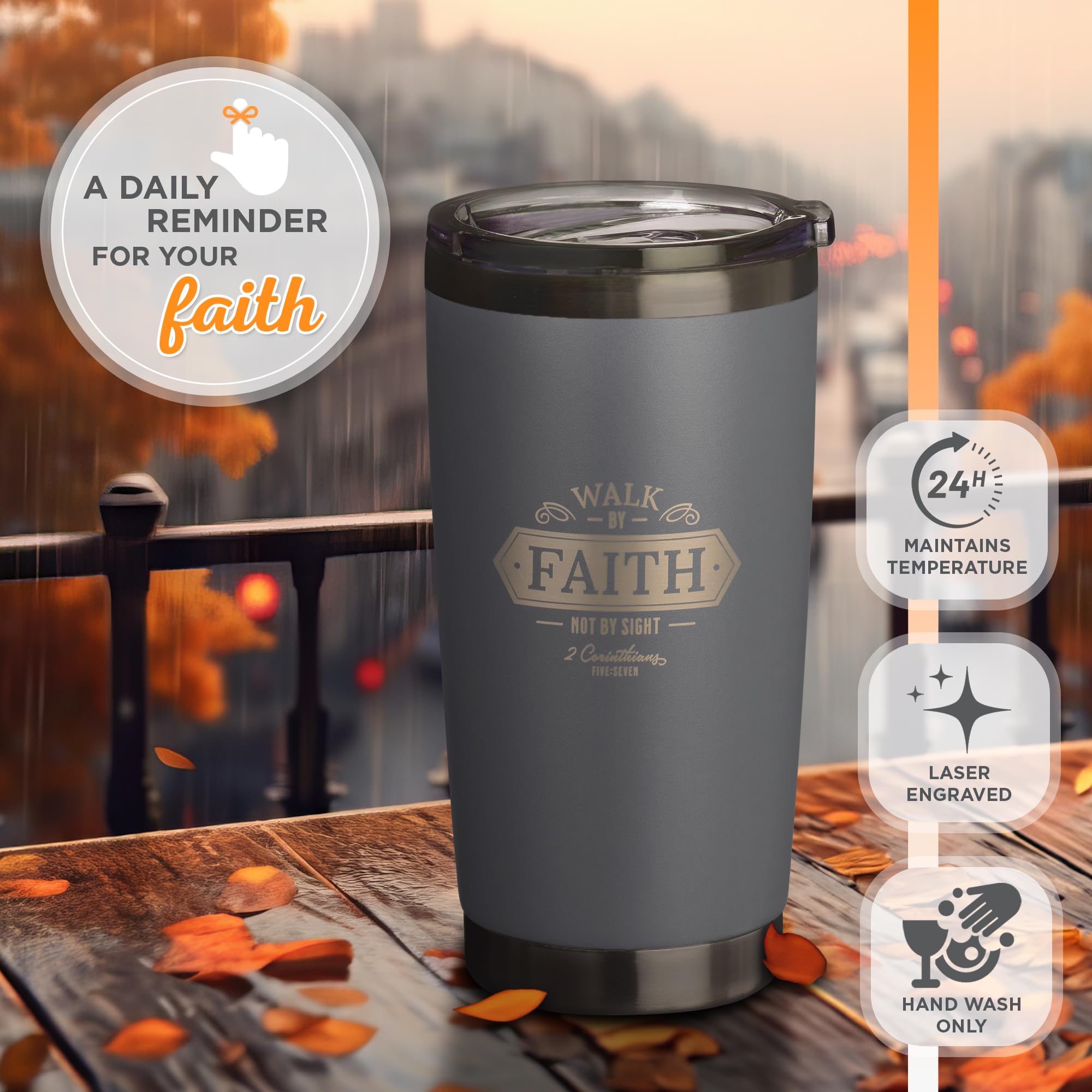 Christian Art Gifts Stainless Steel Double Wall Vacuum Insulated Tumbler Travel Mug For Men & Women: Walk By Faith - 2 Cor. 5:7