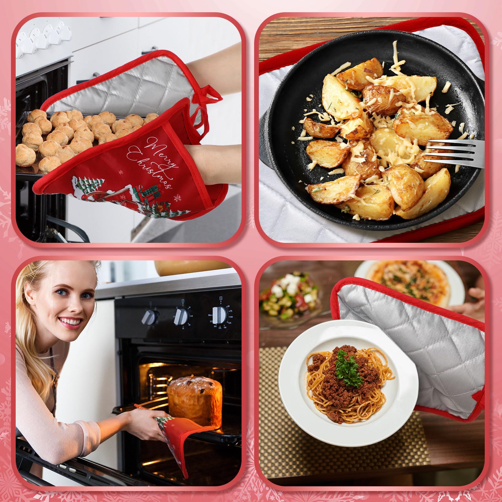Jingmore 12 Pcs Christmas Pot Holders with Pocket Red Green Pot Holders for Kitchen Santa Claus Snowman Hot Pads and Oven Mitts