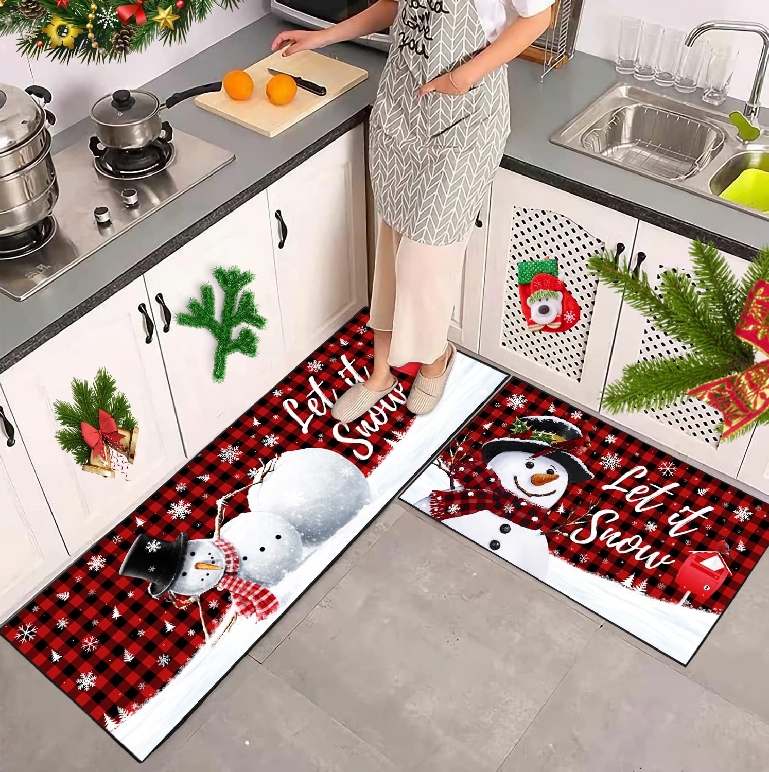 JWXCBIM Let It Snow Christmas Snowman Kitchen Rugs and Mats Set of 2, Buffalo Plaid Winter Snowflake Xmas Holiday Home Kitchen D
