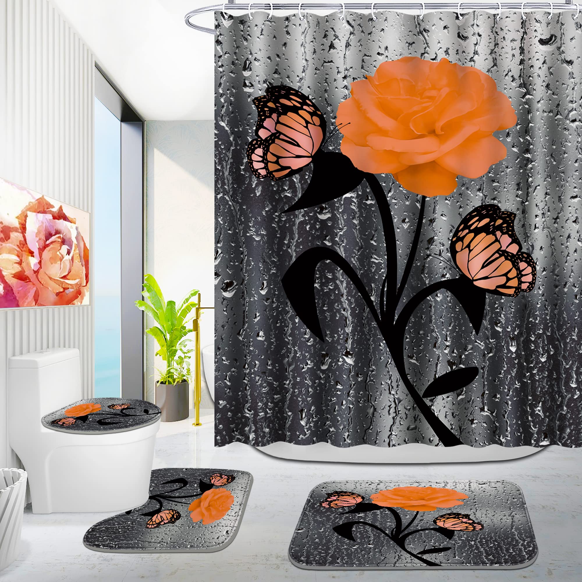 Poedist 4 Pcs Bathroom Set,Orange Rose Shower Curtain Sets, Romantic Shower Curtain Sets With Rugs(Bath Mat,U Shape And Toilet L