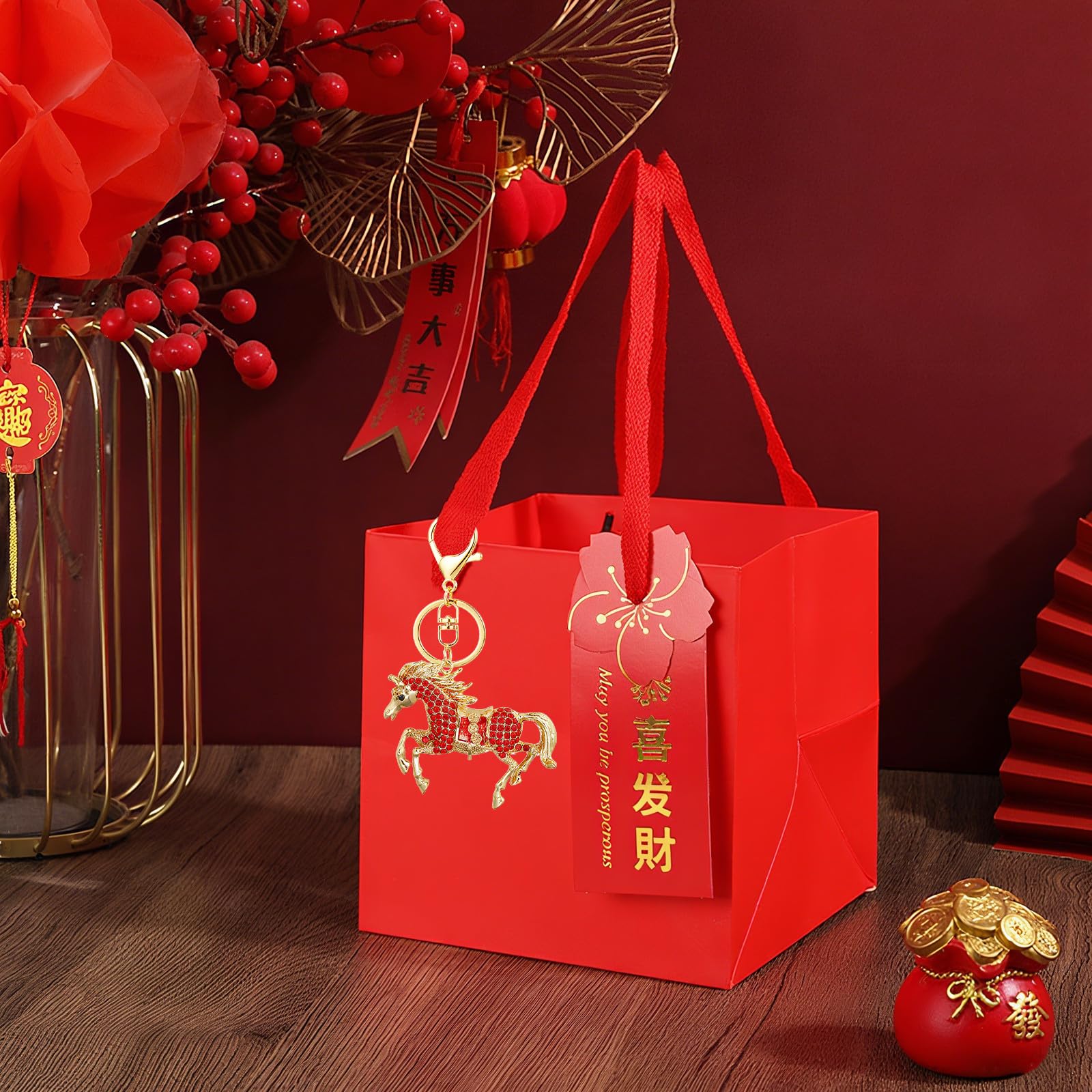 Acewen 2Pcs 2026 Year of The Horse Keychains Horse Charm Statue Feng Shui Mascot for Bag Backpack Hanging Decorations Chinese Ne