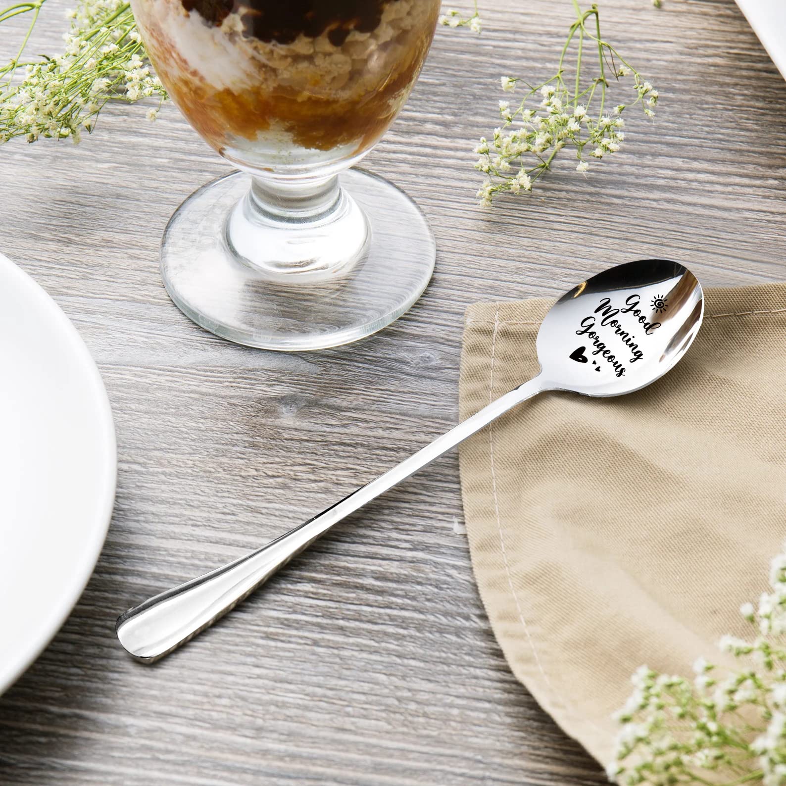 Pzjiean Good Morning Gorgeous Engraved Stainless Steel Spoon, Best Ice Cream Coffee Spoon Ice Cream Spoon Gifts For Wife, Husban