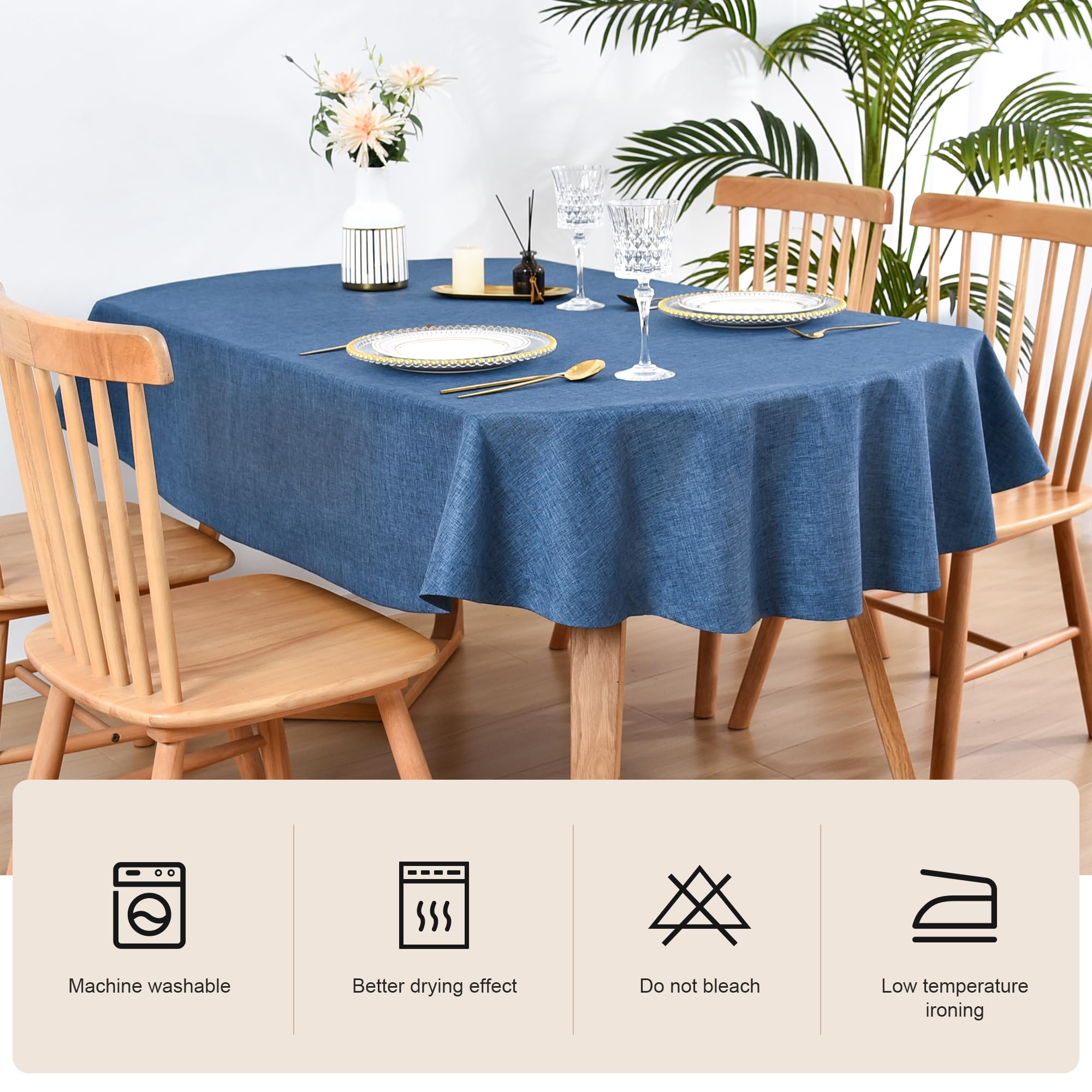 Wolkemer Faux Linen Oval Tablecloth Heavy Duty Wrinkle Resistant Fabric Table Cloths 60 x 102 Inch Navy Blue Farmhouse Rustic Ta