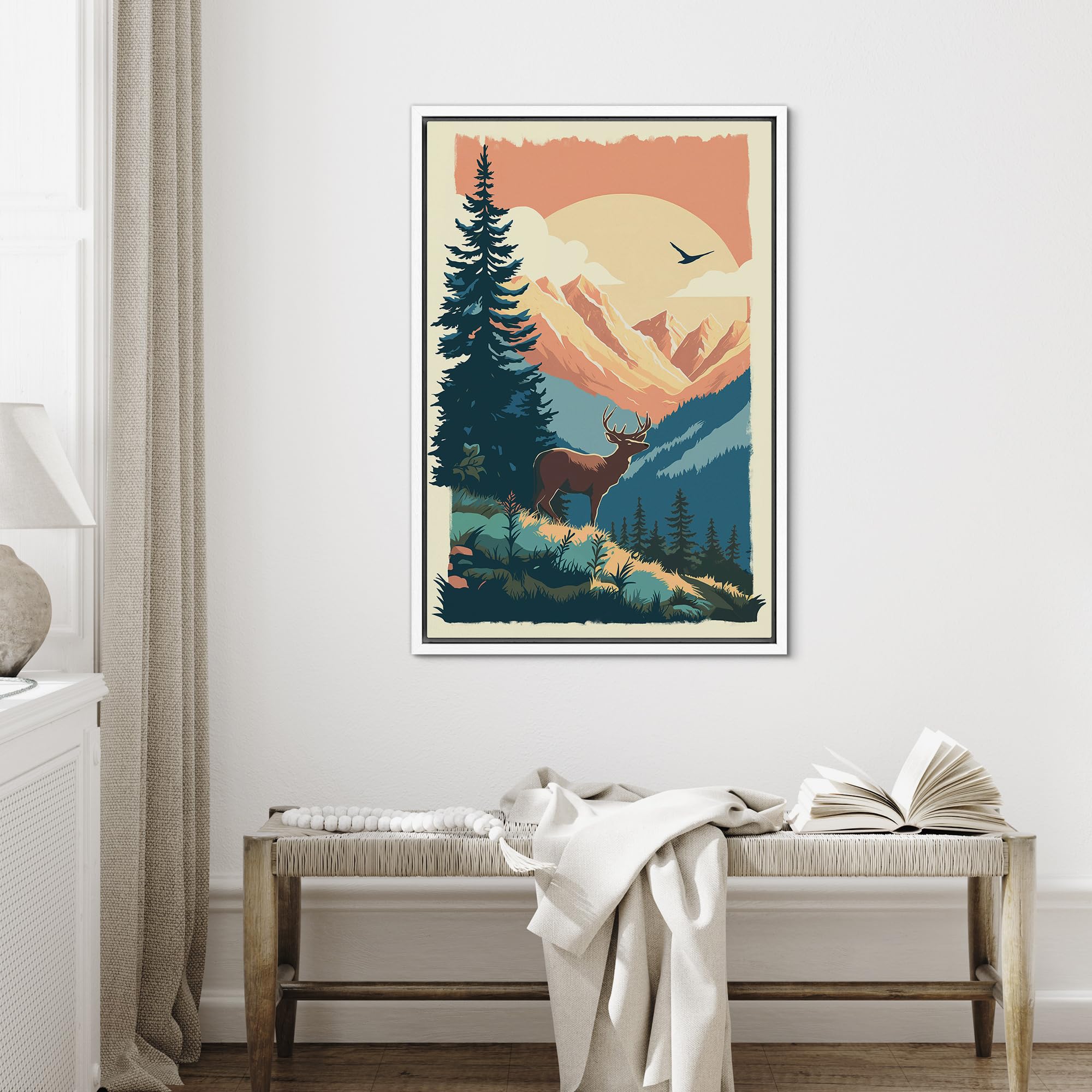 Signford Framed Canvas Print Wall Art Deer Green Pine Tree Forest Nature Wilderness Illustrations Modern Art Decorative Rustic R