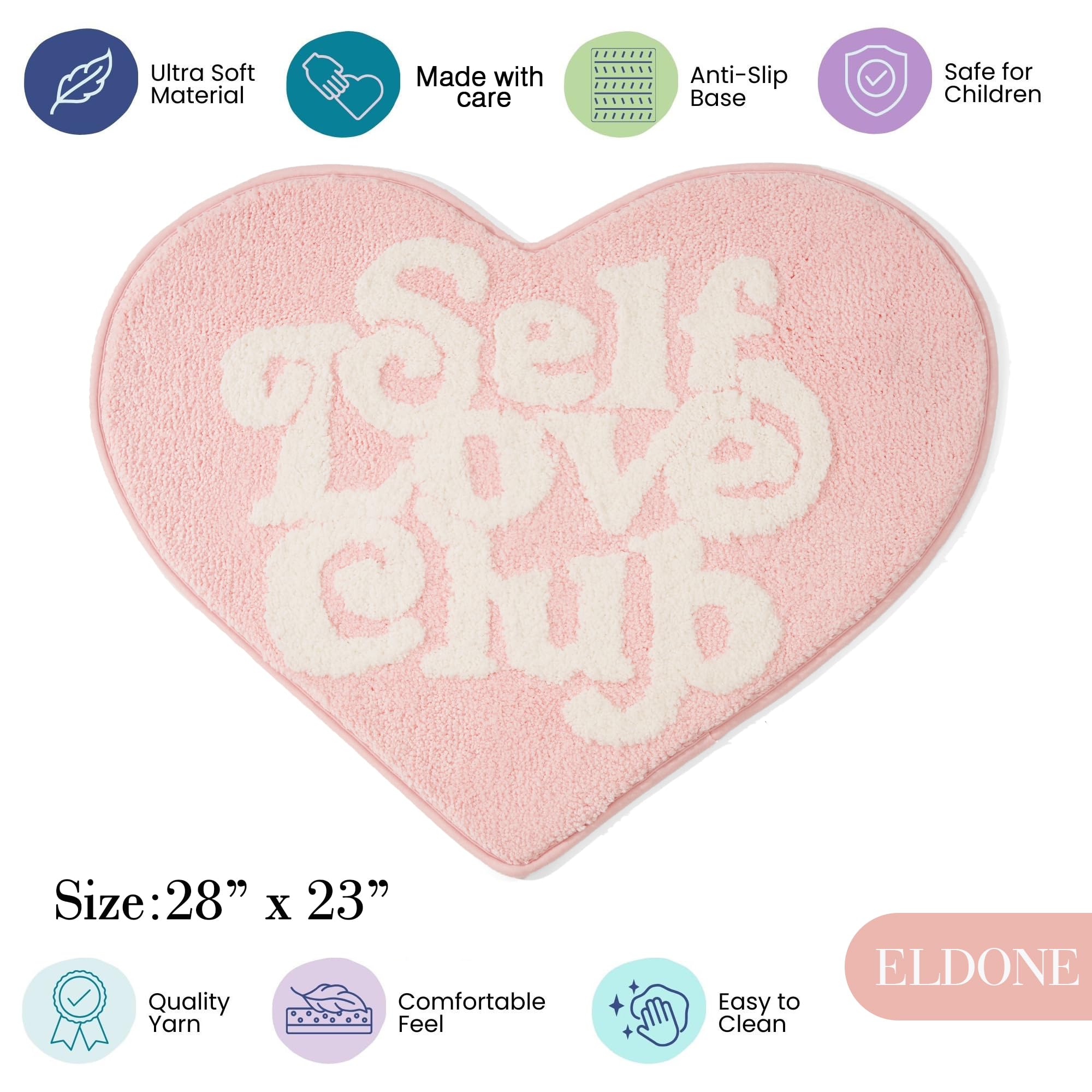 Eldone Self Love Club Rug Heart Shaped - Cute Bath Mat Non Slip, Funky Aesthetic Groovy Small Accent Rugs For Bedroom Bathroom,