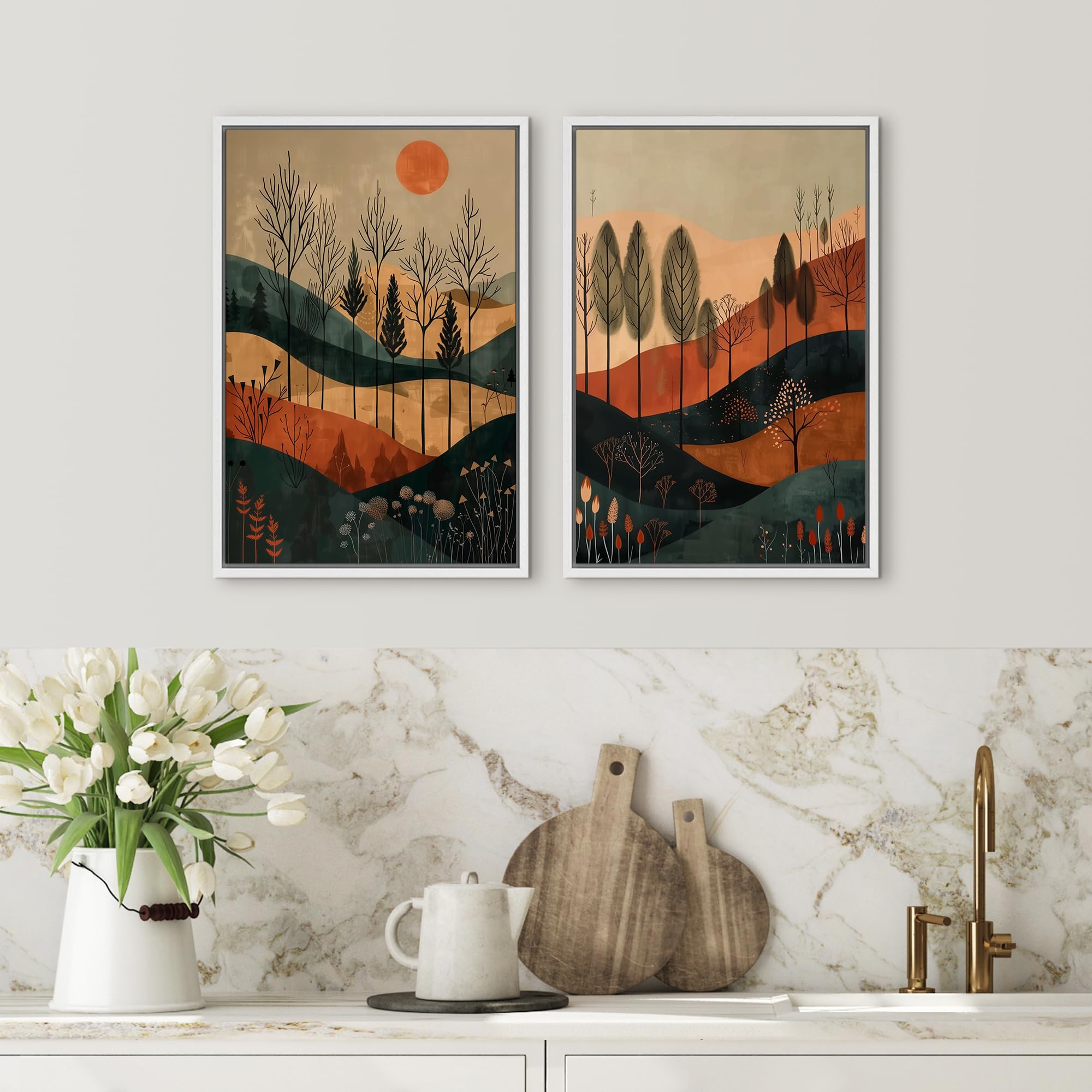 Signford Framed Canvas Print Wall Art Set Sunset Canopy Trees And Hills In Autumnal Shades Illustration Modern Art Decorative No