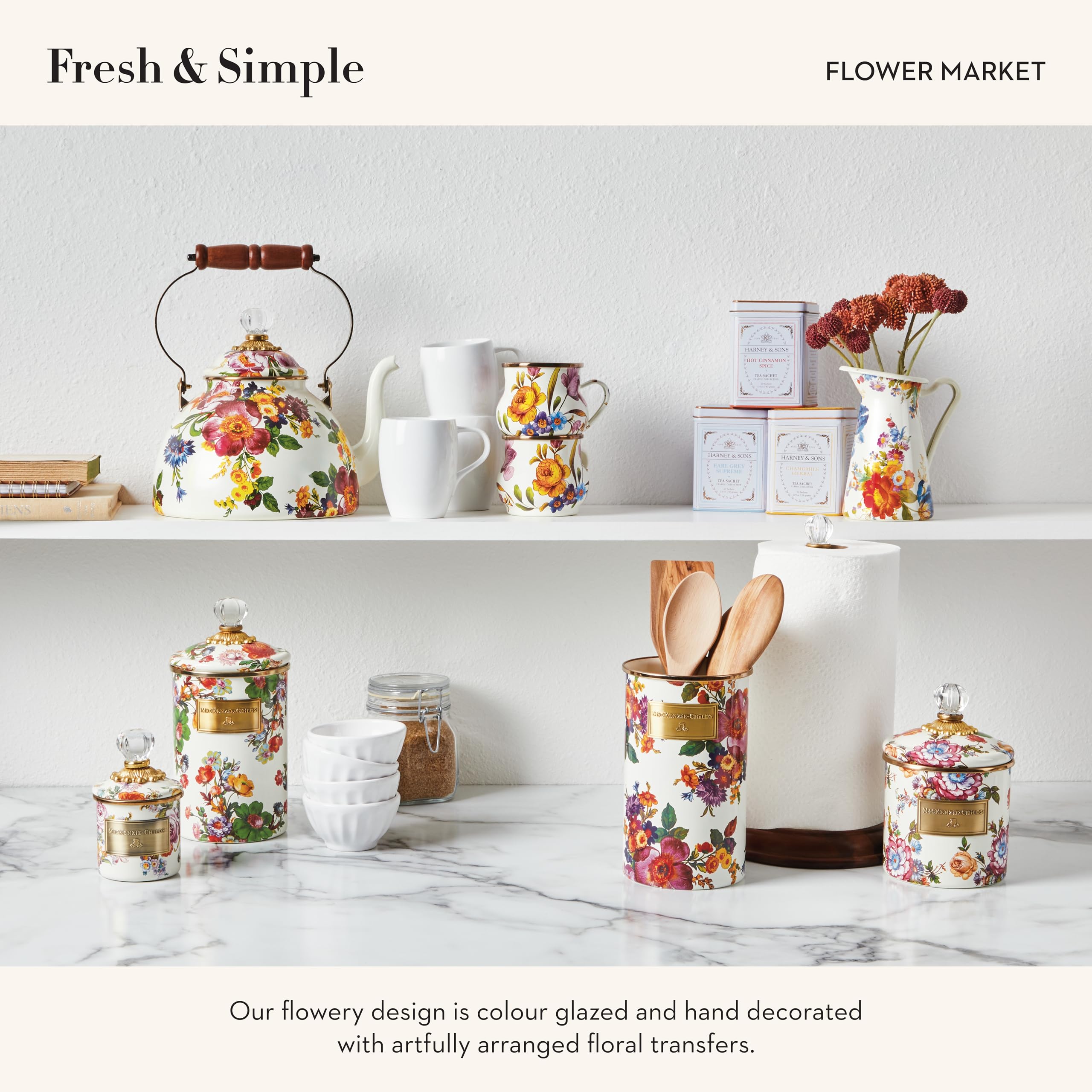 Mackenzie-Childs Small Enamel Canister, Kitchen Storage Container For Flour And Sugar, 1.13 Liters, White Flower Market