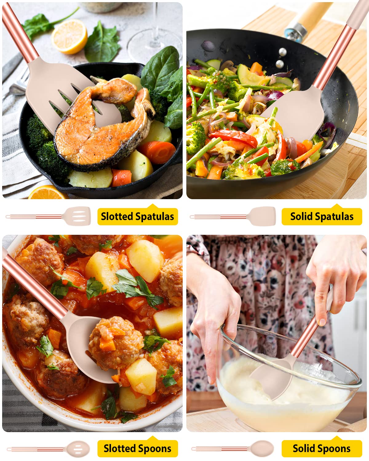 Pack of 4 Silicone Cooking Utensils Set  Non Stick Large Solid Spatulas  Heat Resistant Rose Gold Khaki Slotted Spoons  Ideal BPA Free Kitchen Turners for Frying  Mixing Serving Draining Turning