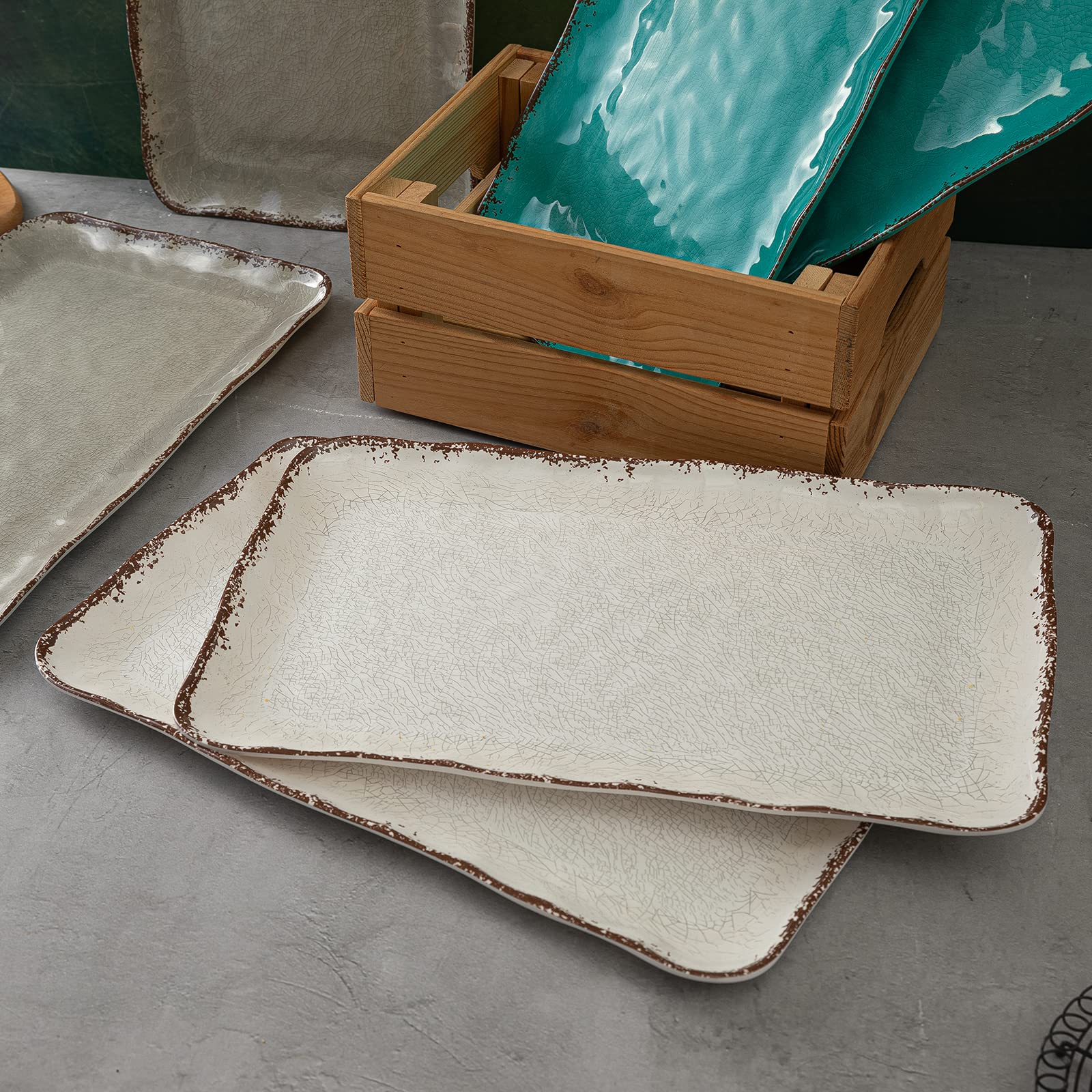 Lehaha Farmhouse Large Serving Platters, 2 Piece Melamine Dinnerware Set, 17.5 X 10 Inches Vintage Serving Tray, Rectangle White