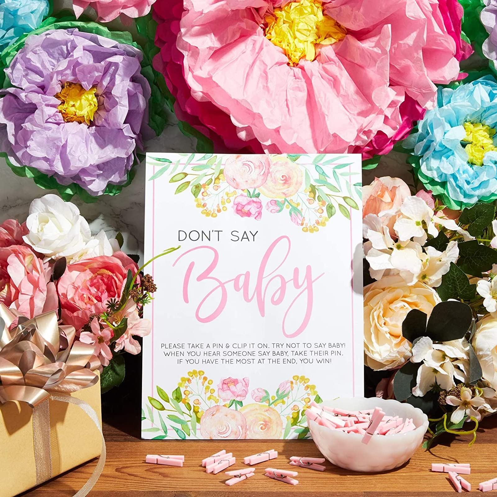 Floral Baby Shower Clothespin Game For Girl  Don't Say Baby Theme with 60 Pink Clothes Pins and 8x10-Inch Sign