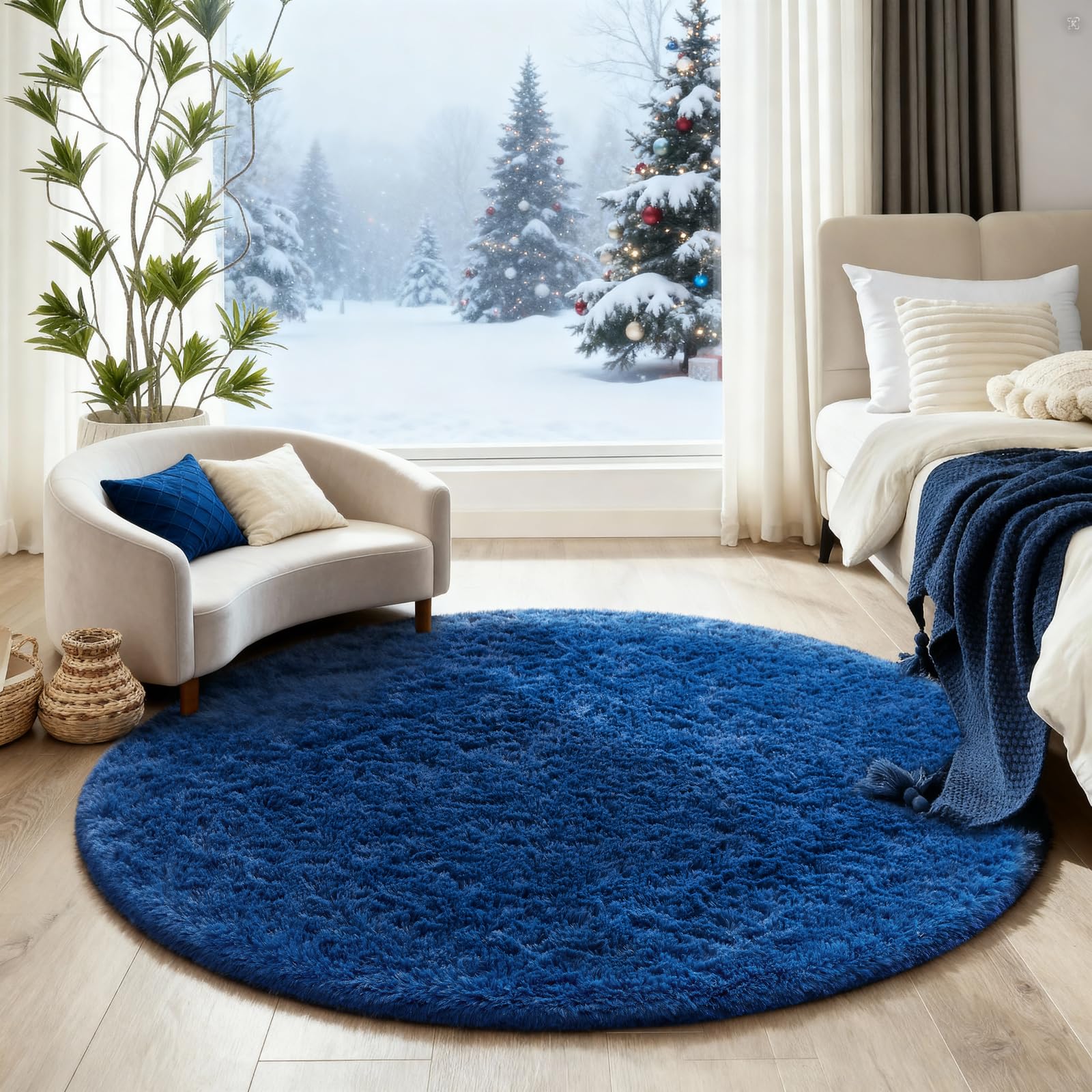 Ophanie Round Rug 4Ft Blue Circle Area Rug, Boys Room Decor, Fluffy Fuzzy Bedroom Carpet, Plush Soft Shaggy Living Room Rugs for