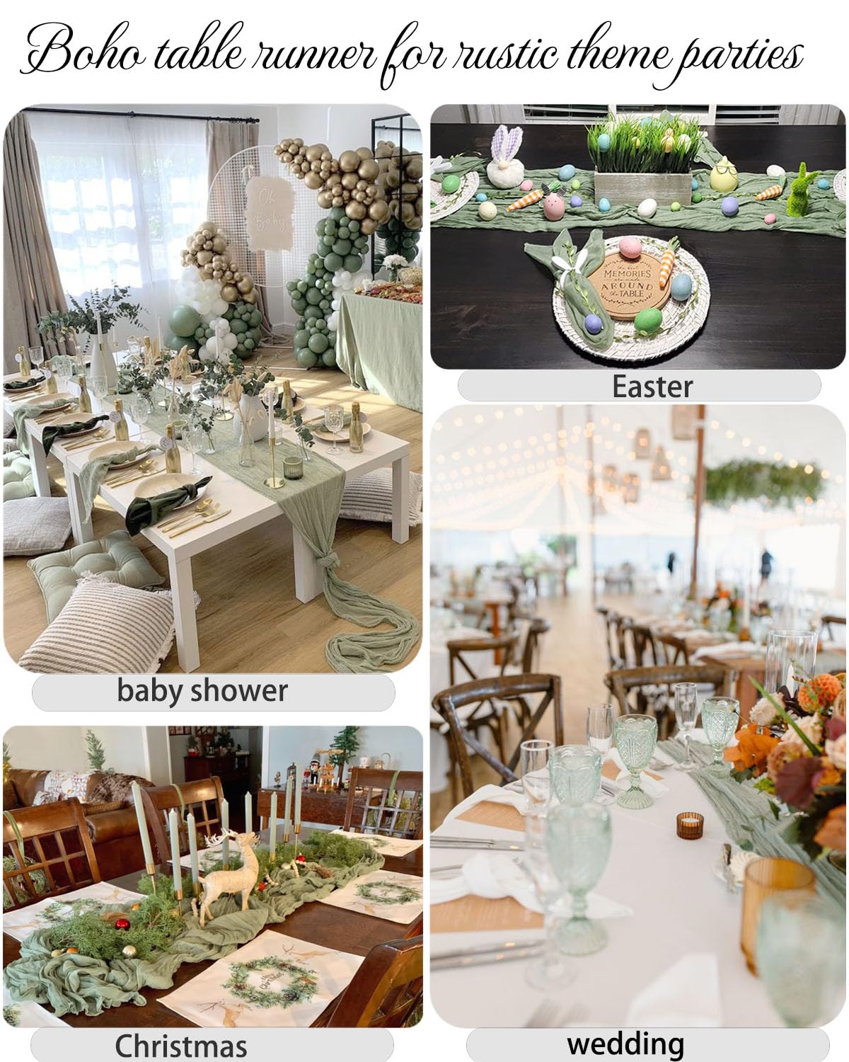 Fusenyuan Sage Cheesecloth Table Runner 10Ft 1Pcs For Boho Wedding Farmhouse Party Rustic Gauze Table Runner 120'' X 35'' For Ba