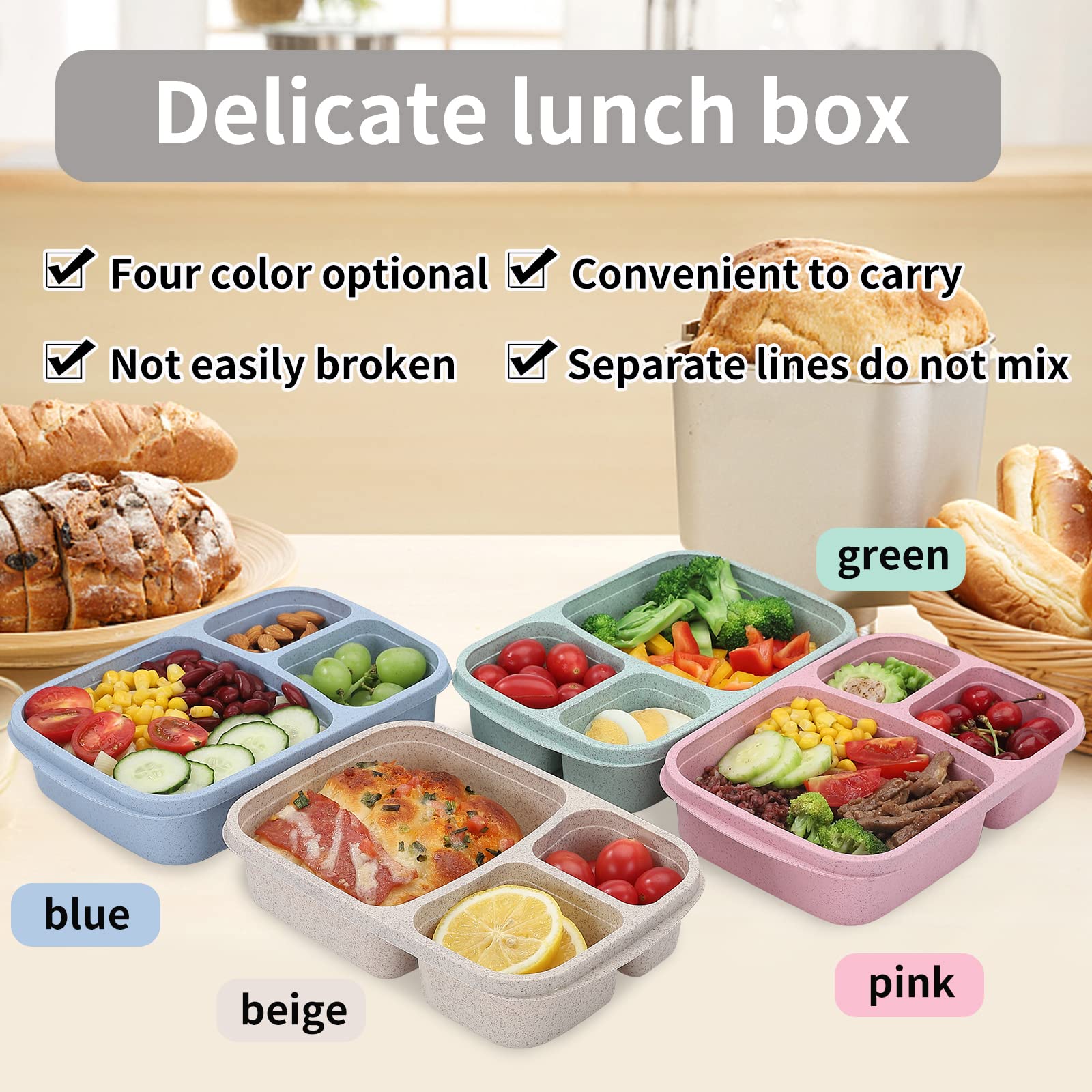 Buluker 4 Pack Bento Lunch Box Set 3 Compartment Wheat Straw Meal Prep Food Storage Containers Plastic, Microwave And Dishwasher
