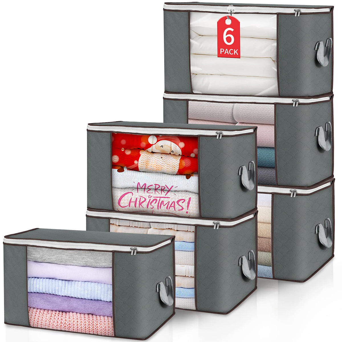 90L Large Storage Bags, 6 Pack Clothes Storage Bins Foldable Closet Organizers Storage Containers with Durable Handle for Clothi