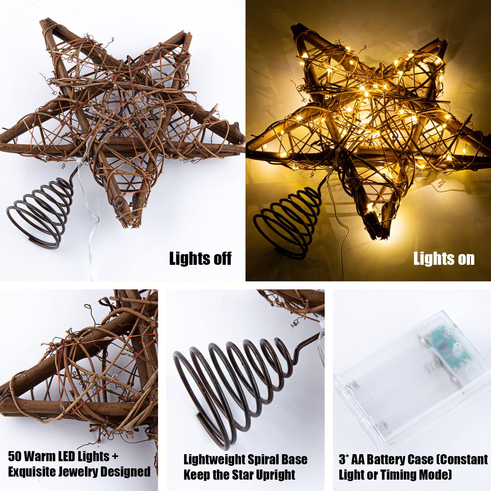 Rattan Natural Star Christmas Tree Topper - Rustic Farmhouse Xmas Treetop with 50 Warm LED Lights for Indoor Christmas Tree Deco