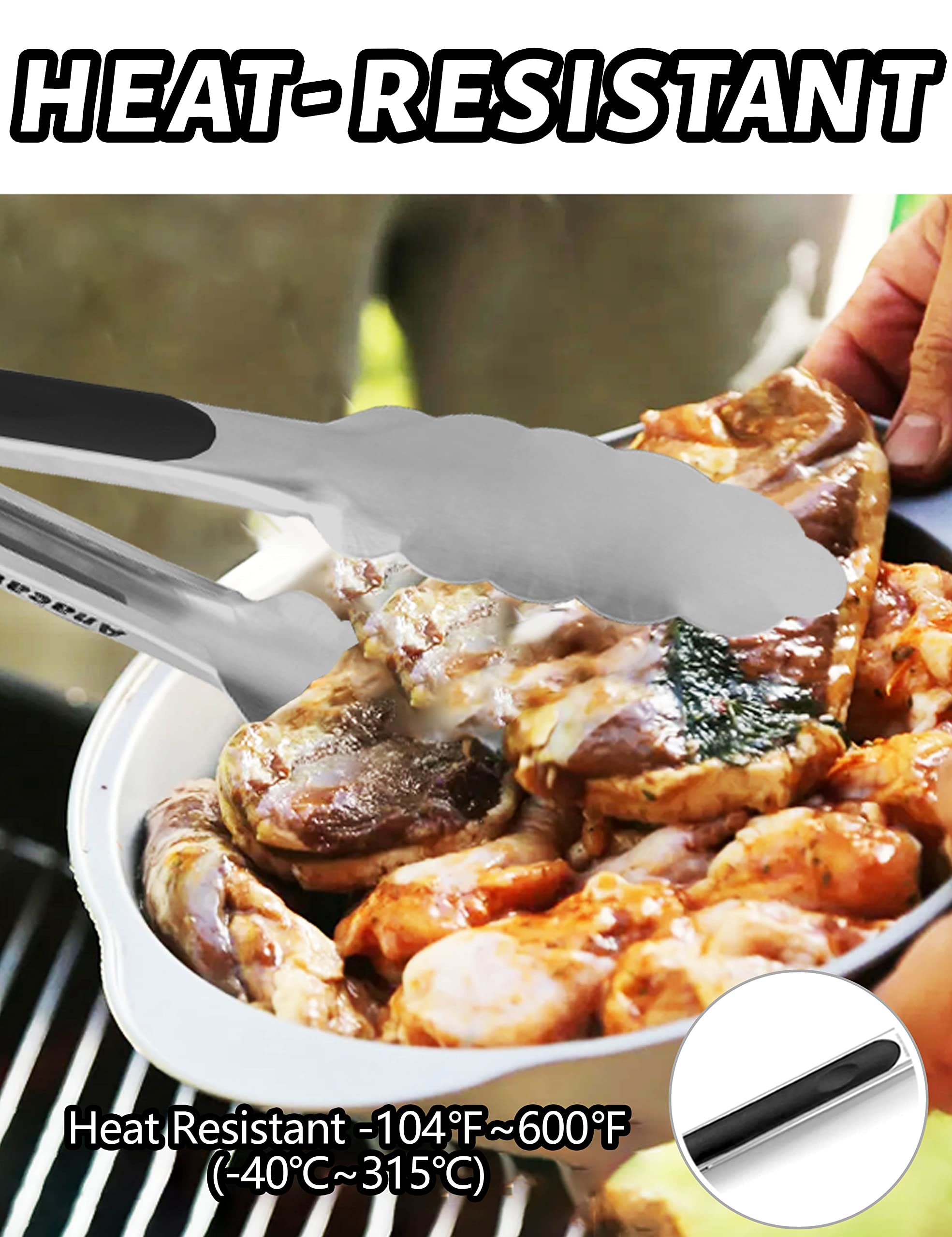 Anaeat Premium Kitchen Locking Tong Set Of 3 - Heavy Duty Stainless Steel Food Tongs With Long Handle & Non-Slip Silicone Grip F