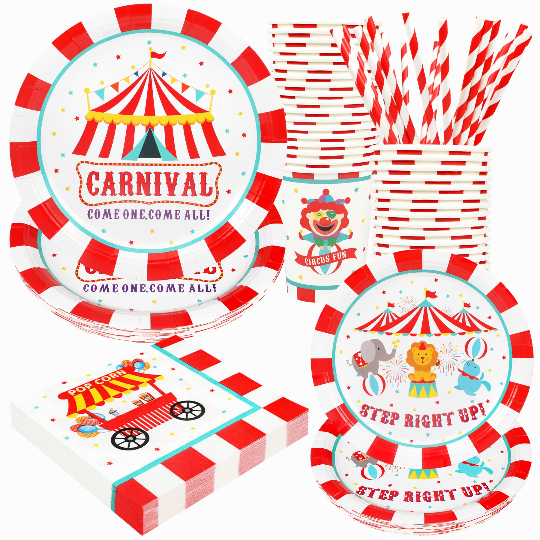 Carnival Party Supplies Decorations, Circus Theme Birthday Paper Plates And Napkins Set With Cups And Straws For 24 Guests, 120